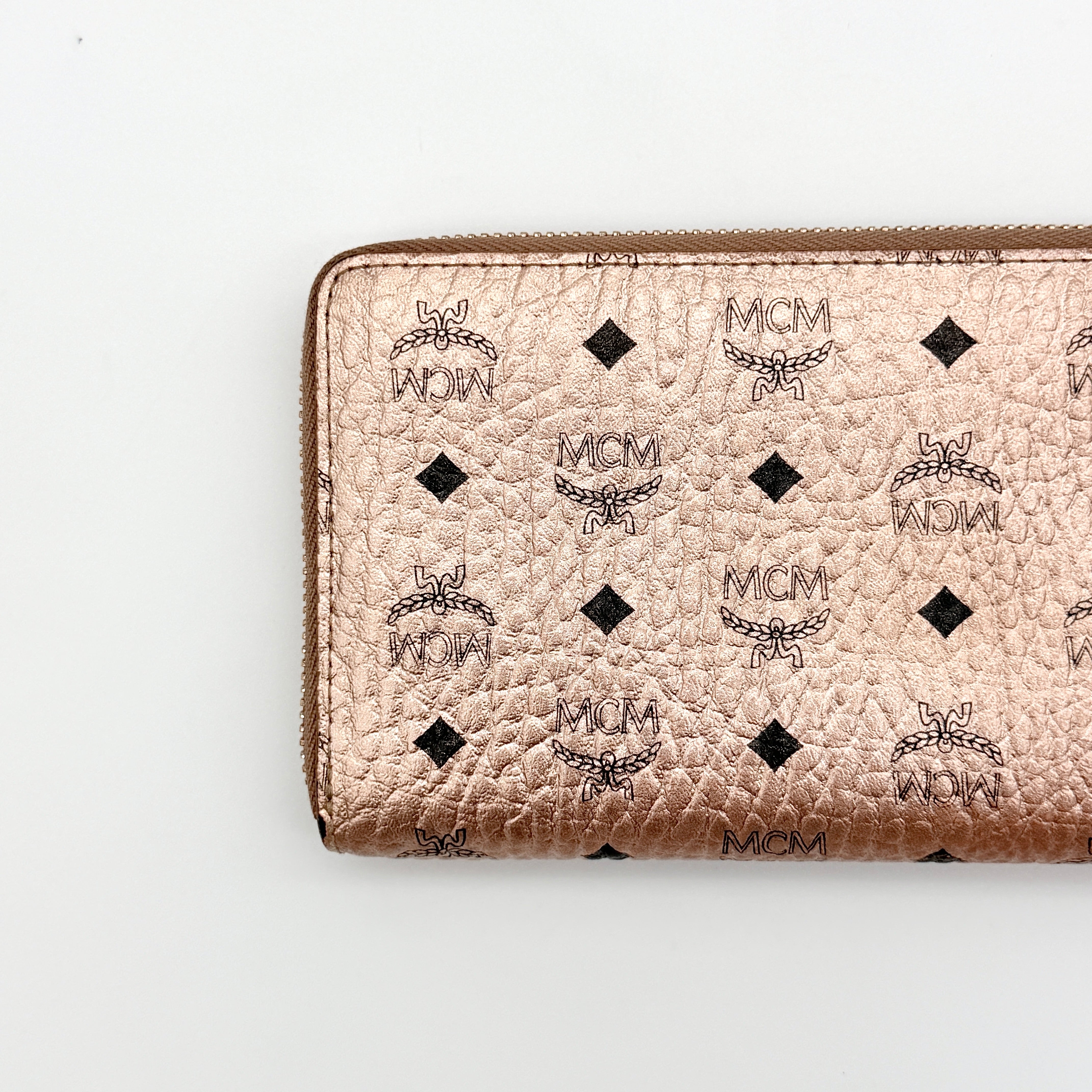 MCM Visetos Monogram Zip Around Wallet Metallic Rose Gold