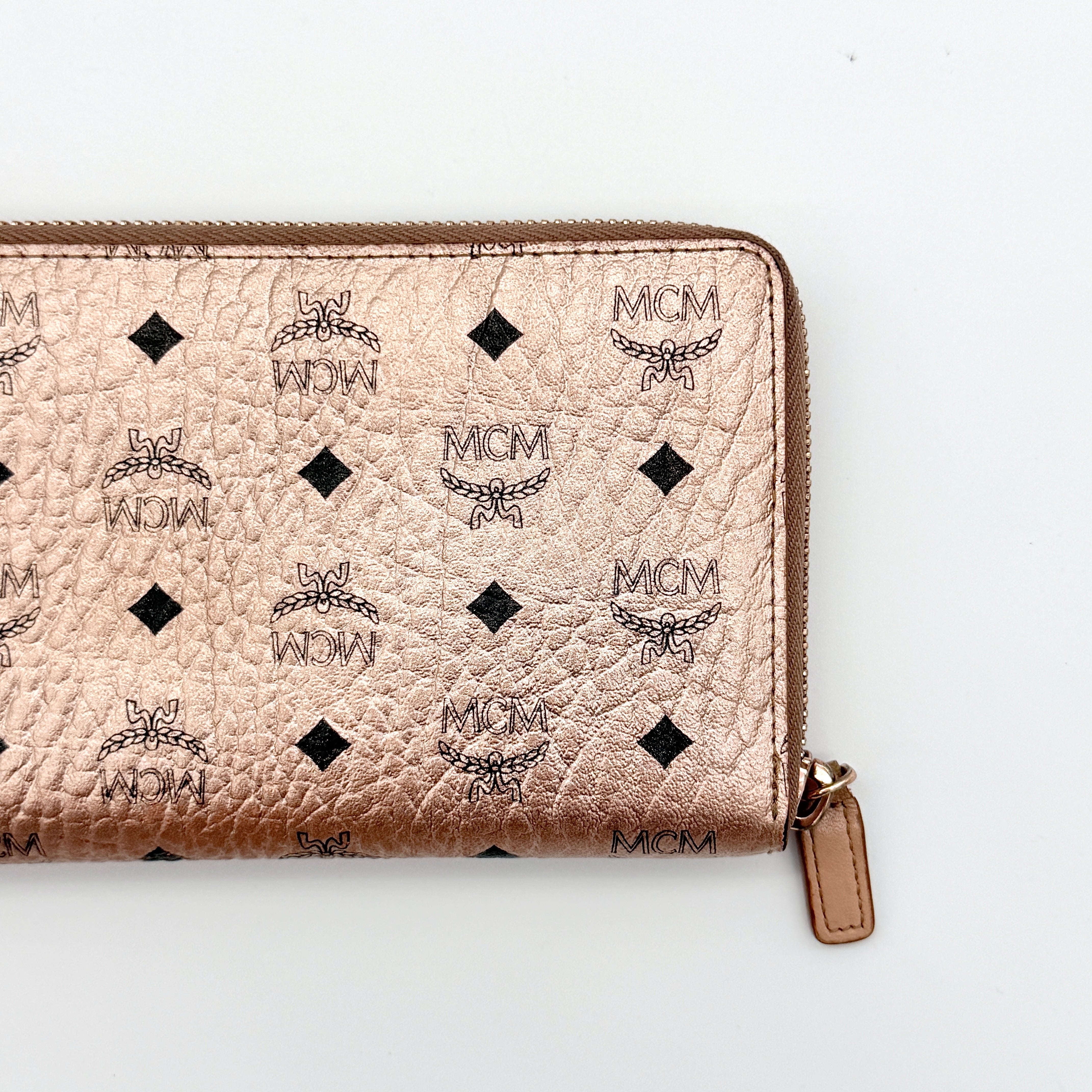 MCM Visetos Monogram Zip Around Wallet Metallic Rose Gold