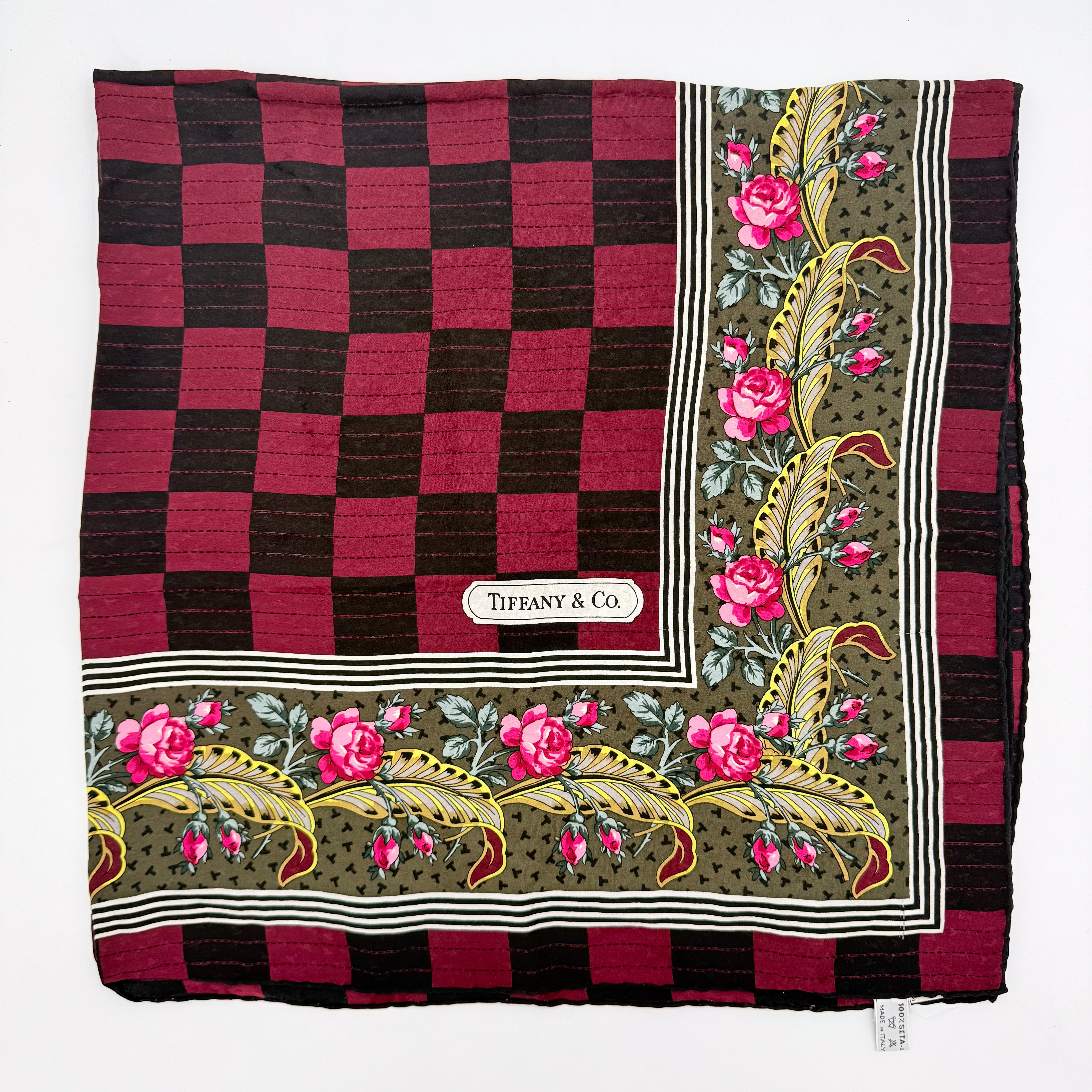 Tiffany & Co. Checkered Floral Silk Scarf Burgundy