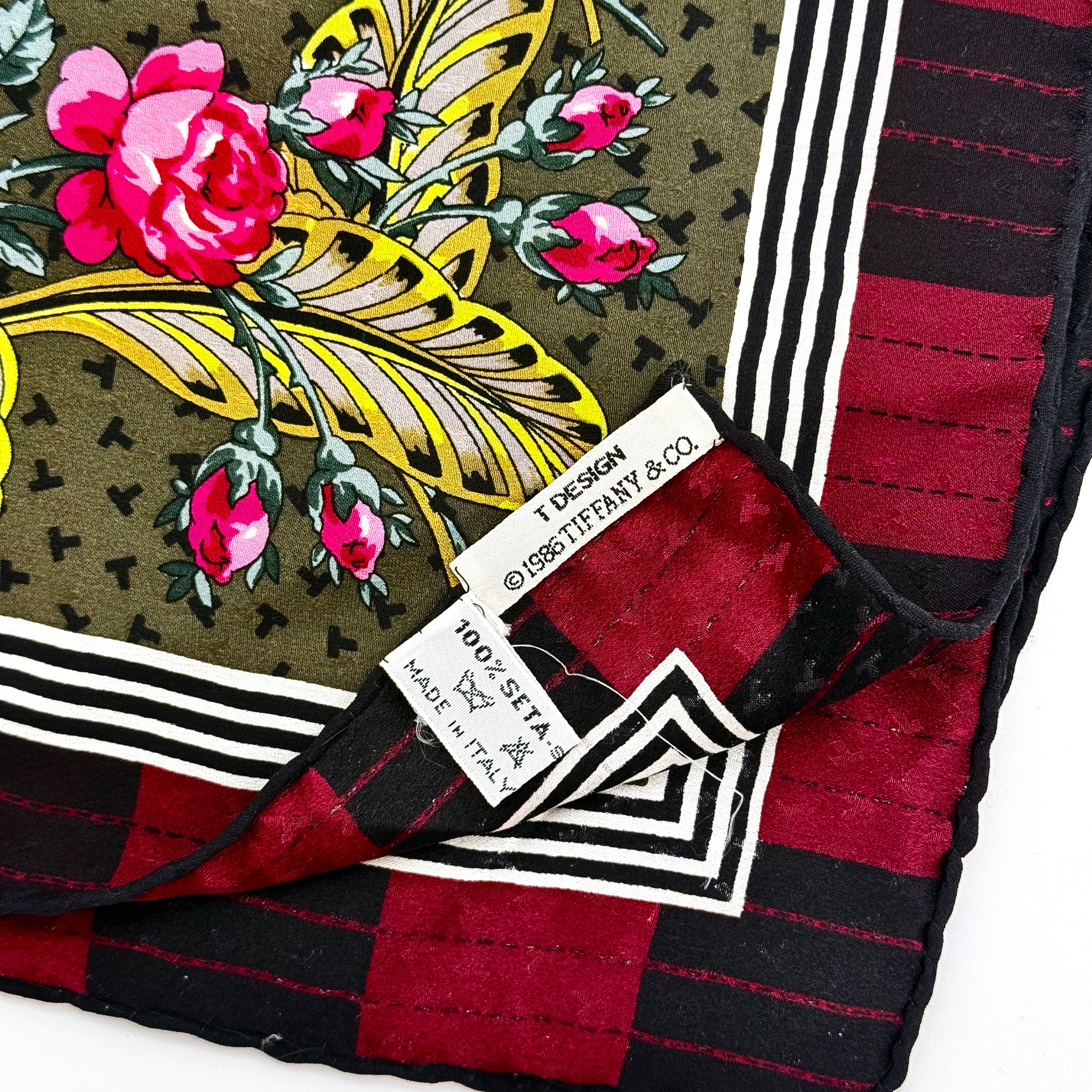 Tiffany & Co. Checkered Floral Silk Scarf Burgundy