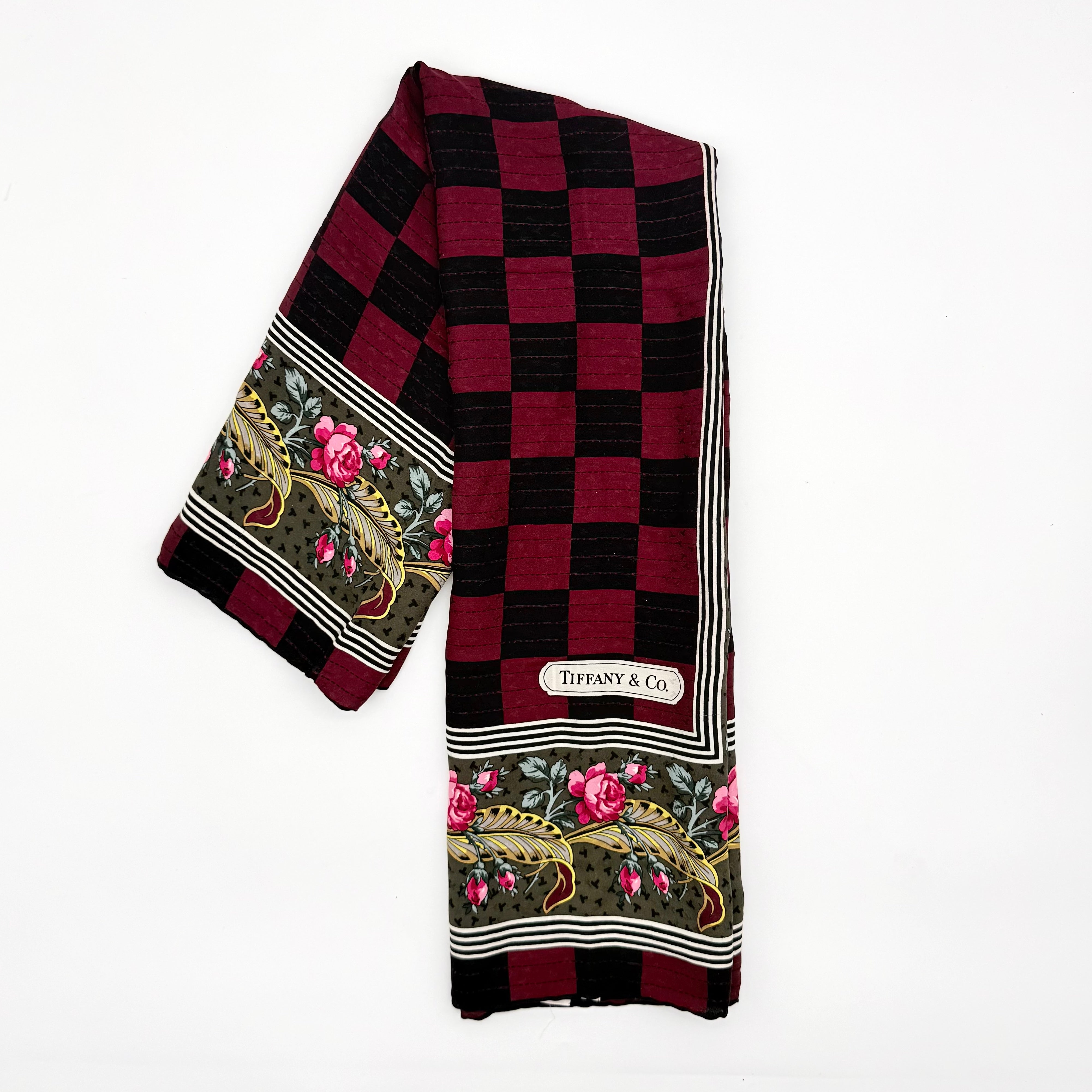 Tiffany & Co. Checkered Floral Silk Scarf Burgundy