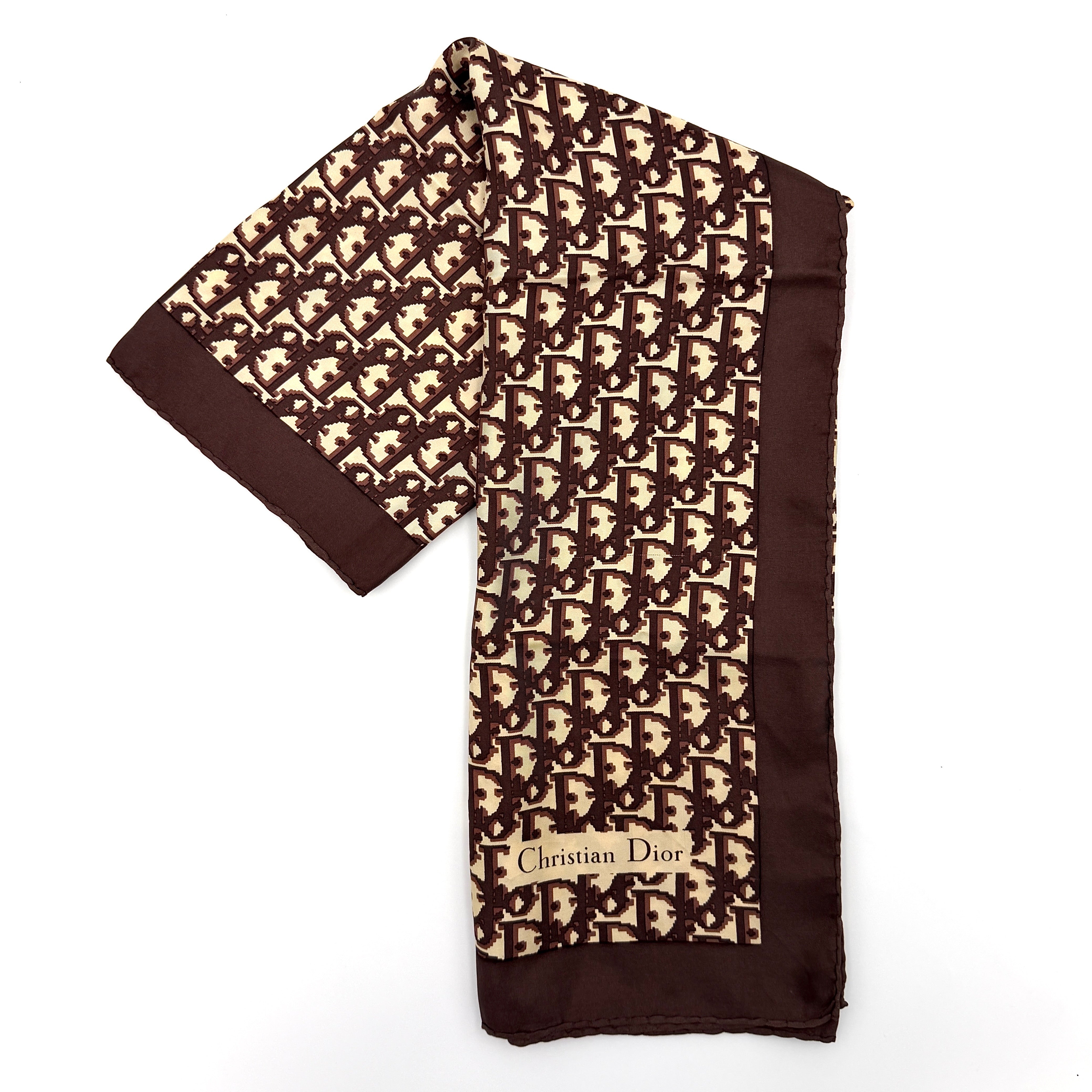 Dior Monogram Silk Scarf in brown and cream with allover Oblique pattern and Christian Dior signature in the corner.