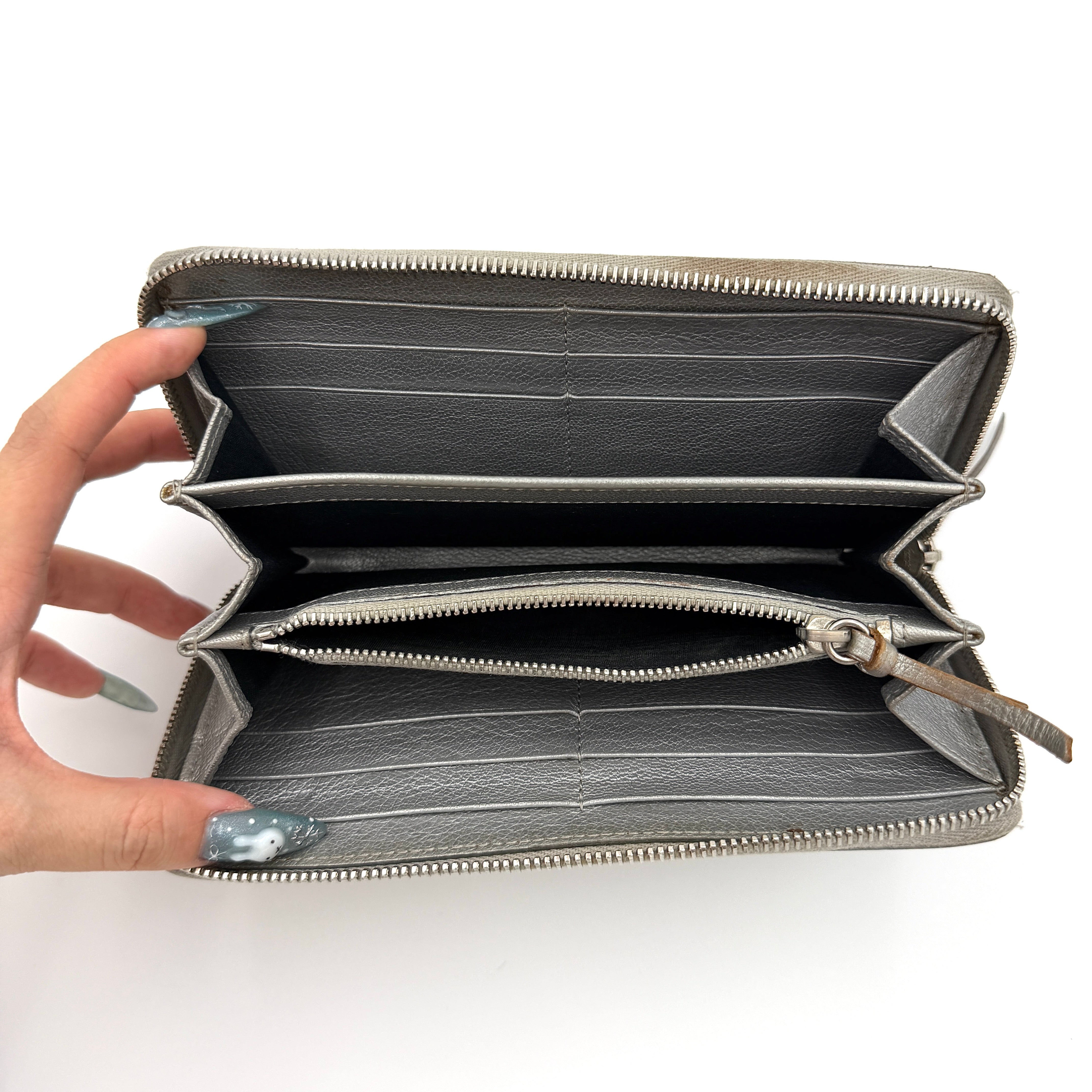 Balenciaga City Leather Long Wallet Metallic Silver