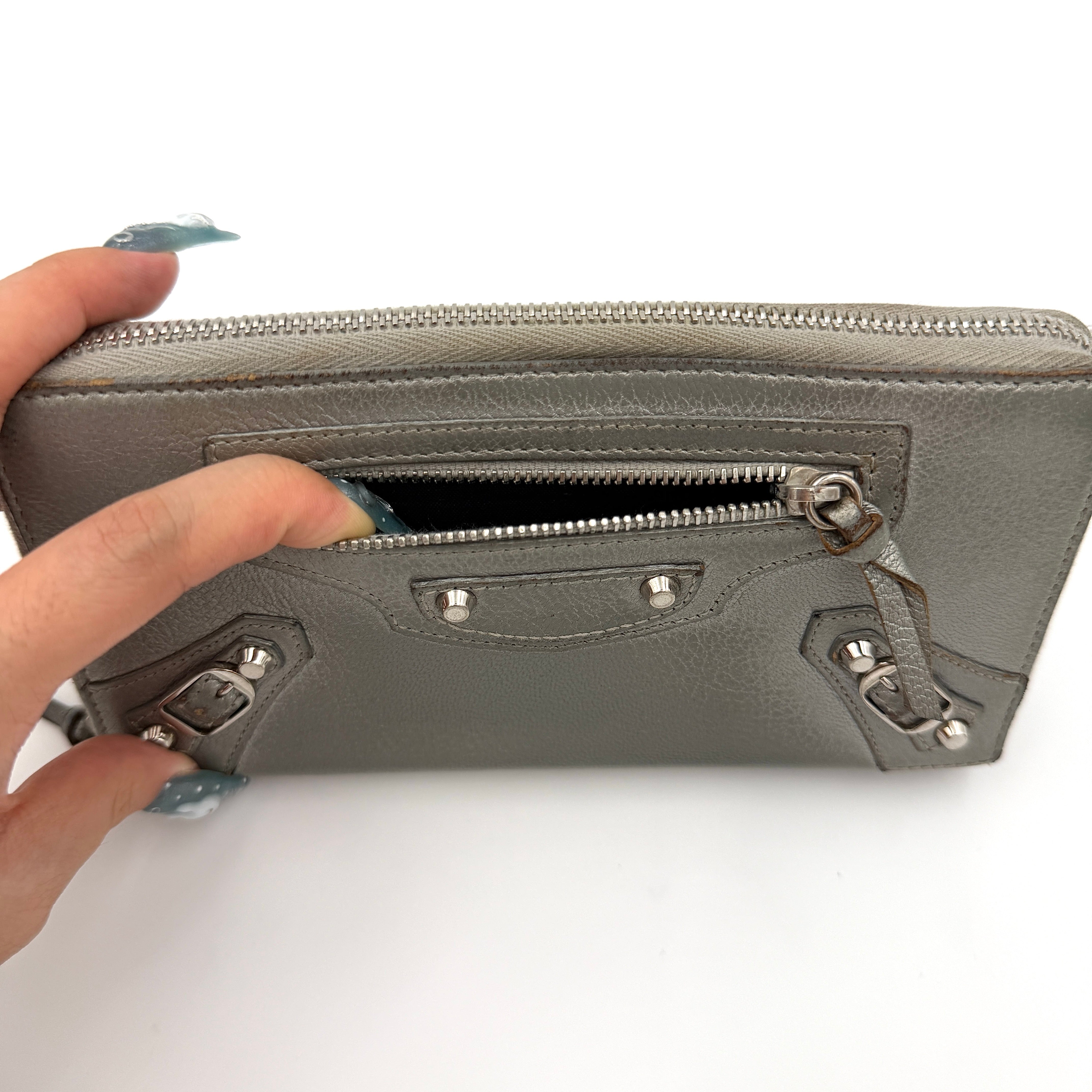 Balenciaga City Leather Long Wallet Metallic Silver