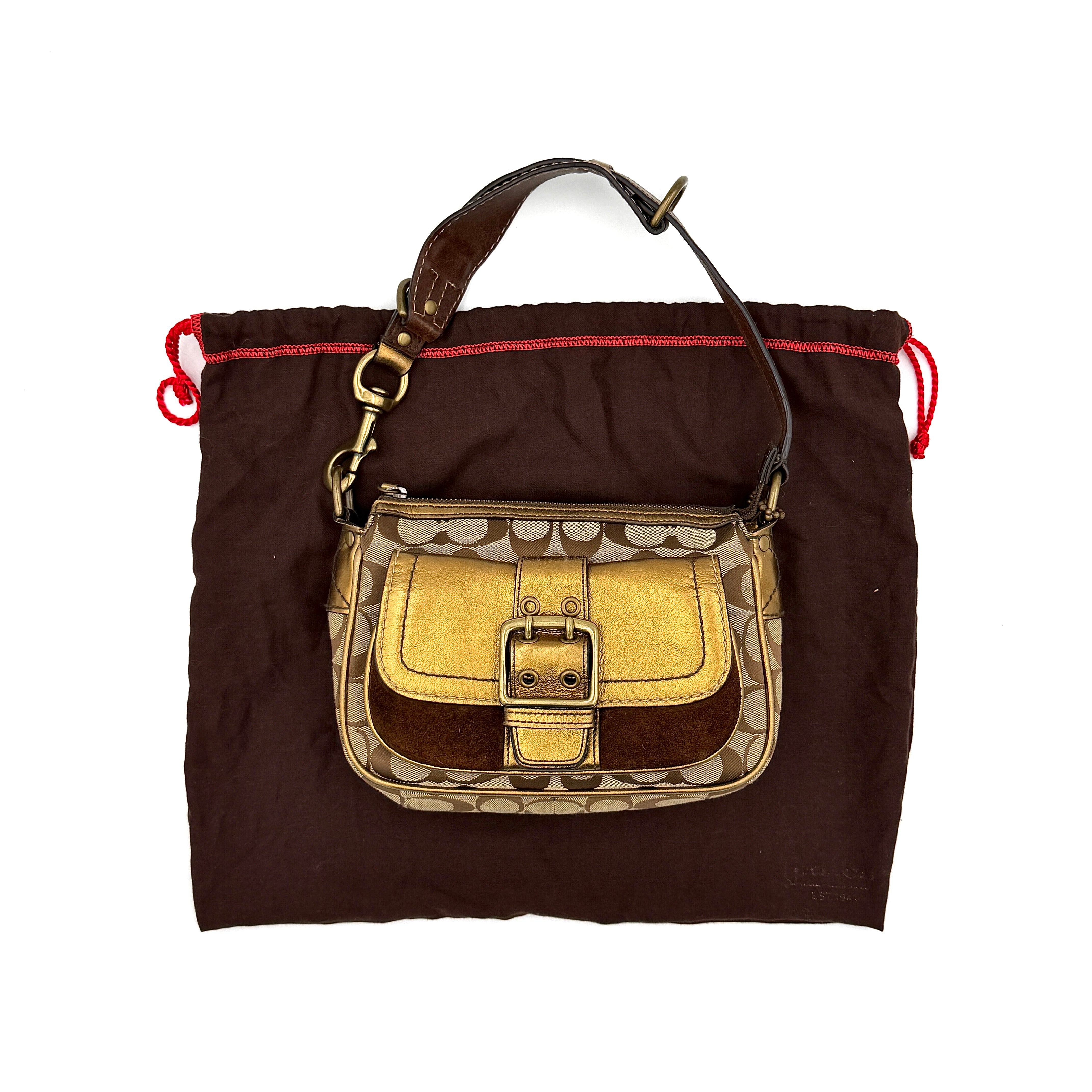 Coach Signature Front Buckle Shoulder Bag Beige/Gold