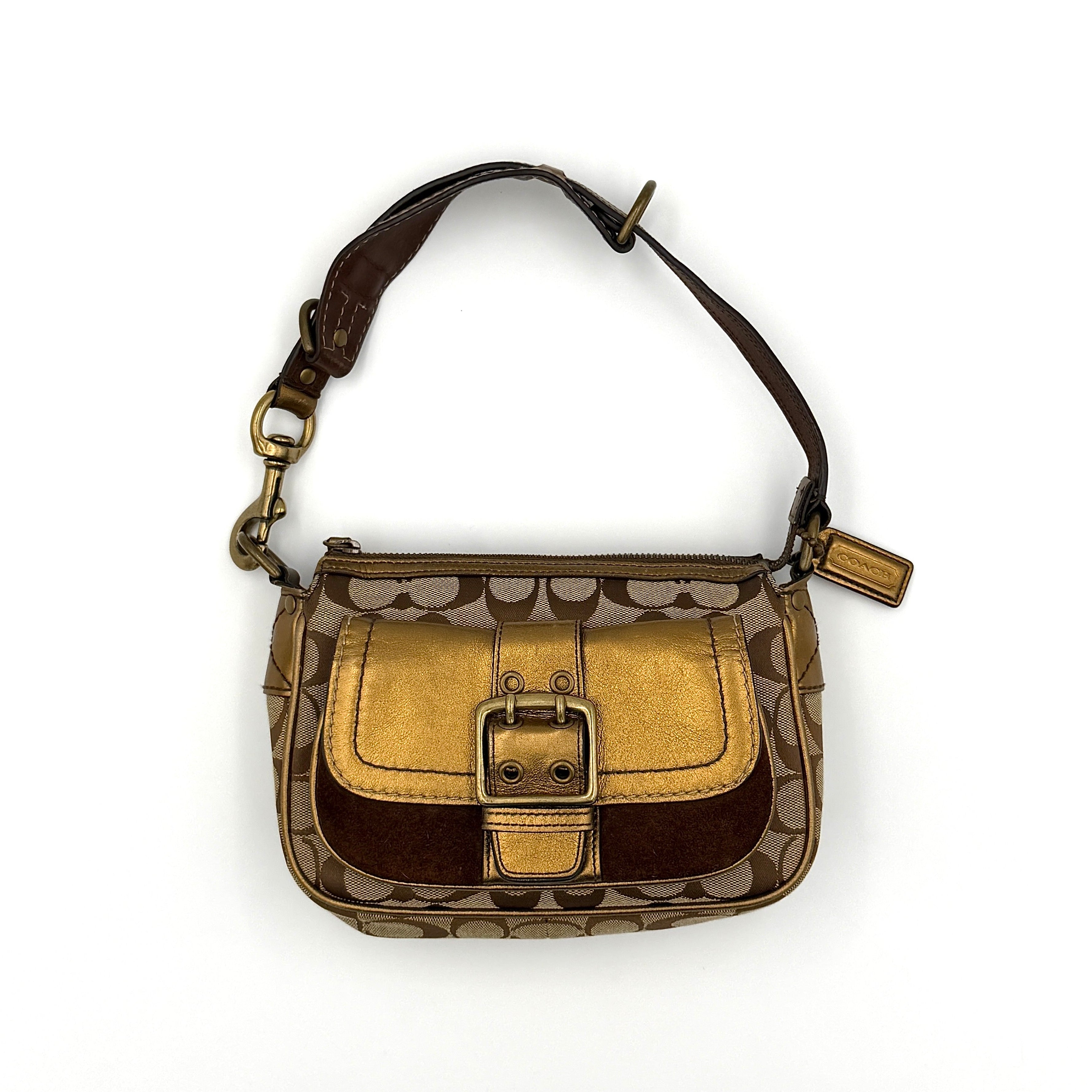 Coach Signature Front Buckle Shoulder Bag Beige/Gold