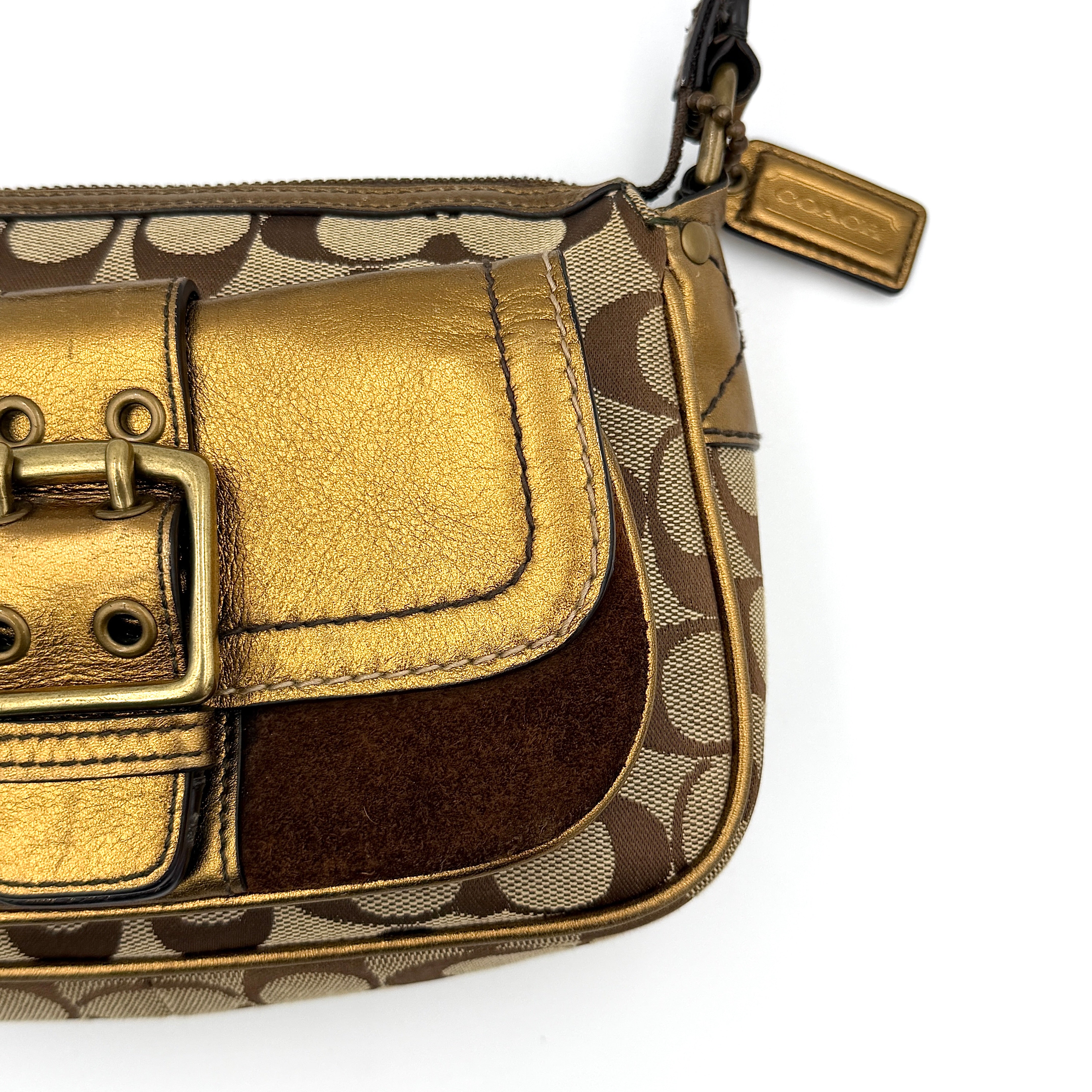 Coach Signature Front Buckle Shoulder Bag Beige/Gold