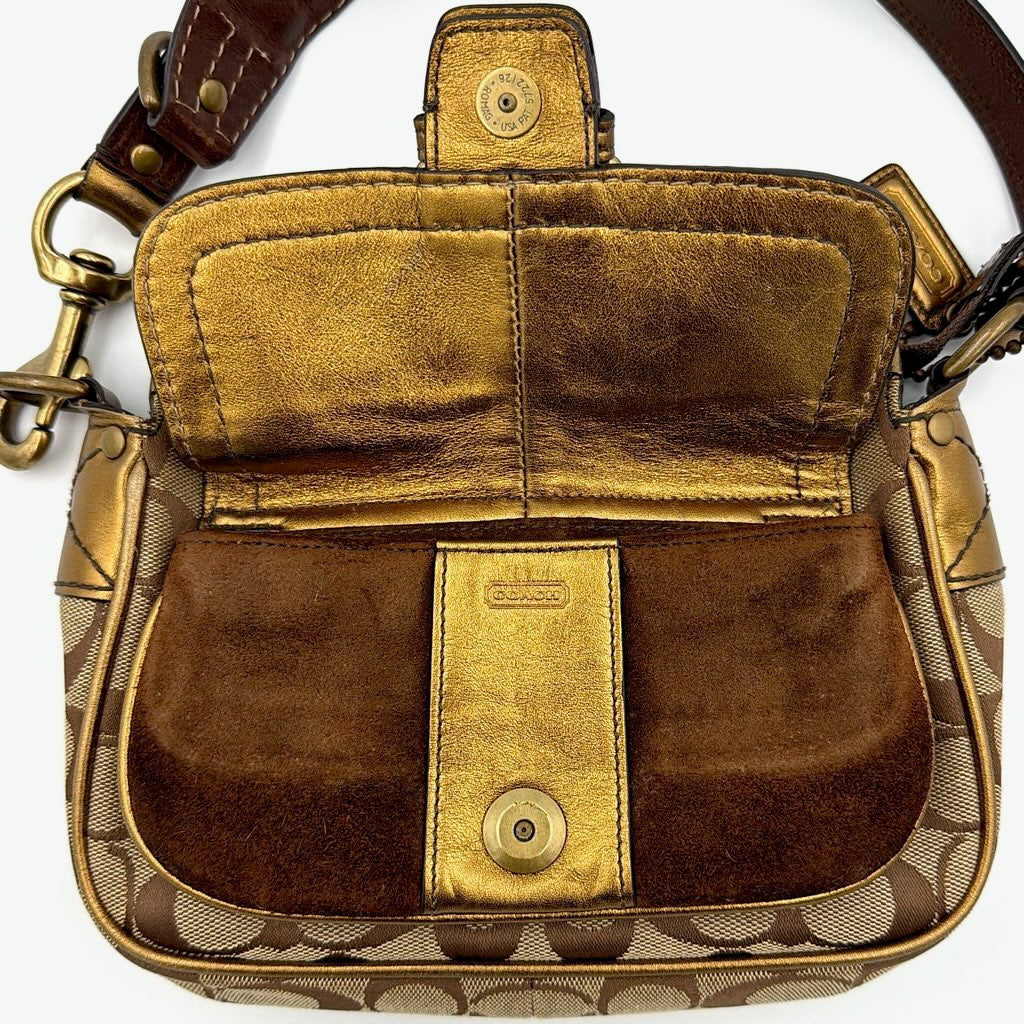 Coach Signature Front Buckle Shoulder Bag Beige/Gold