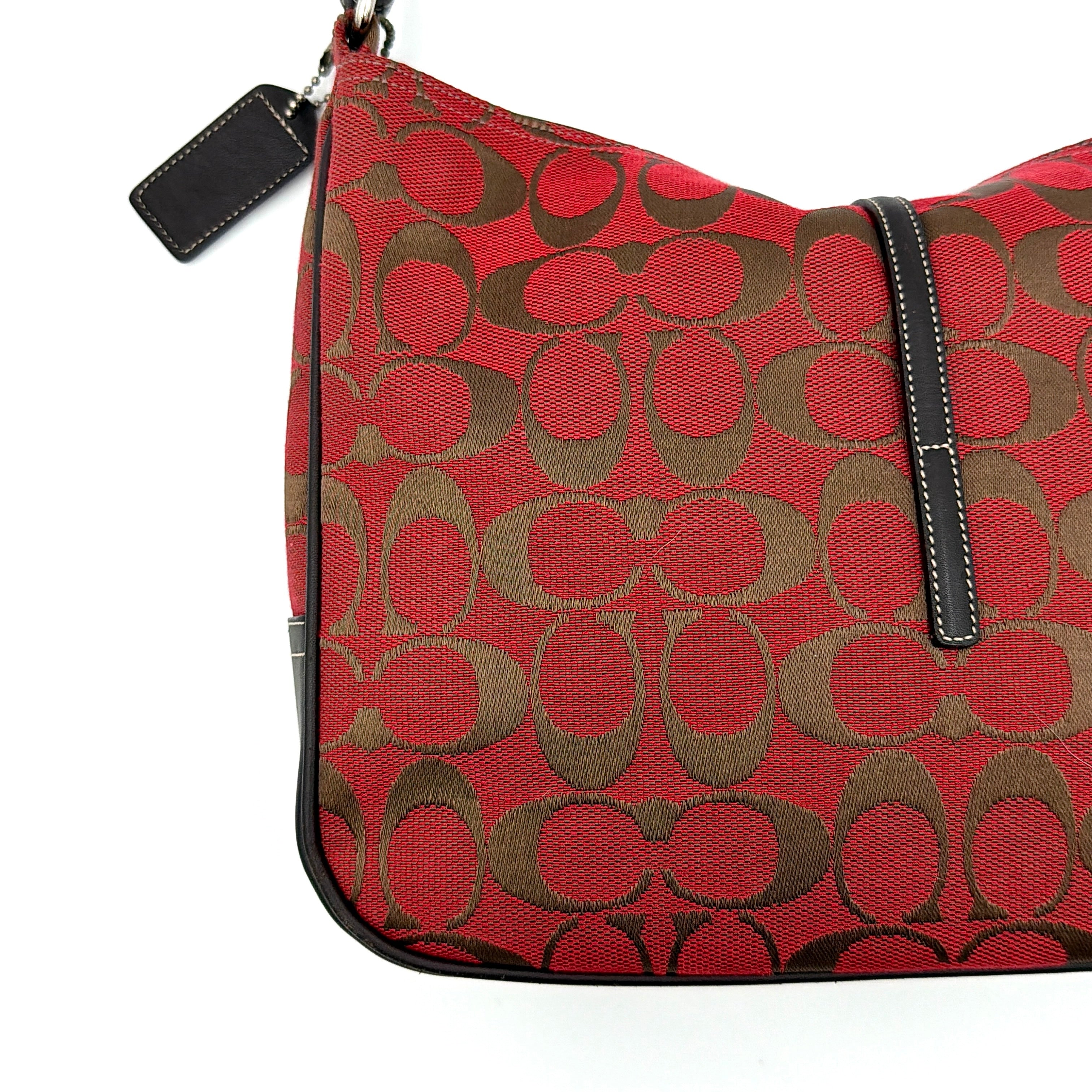 Coach Hobo Signature Clip Canvas Handbag Red/Brown
