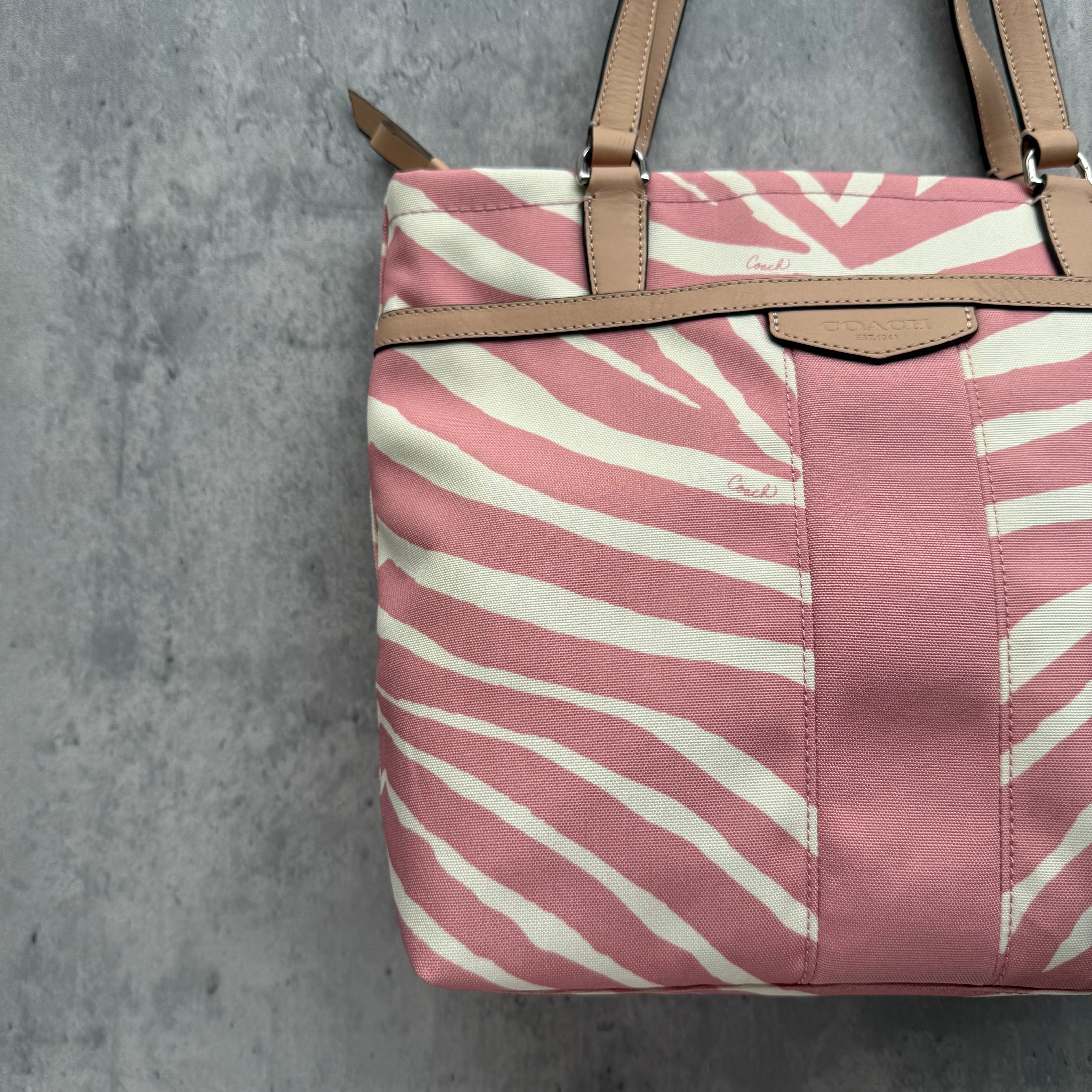 Coach Zebra Striped Carryall Tote Bag Blush Pink/White