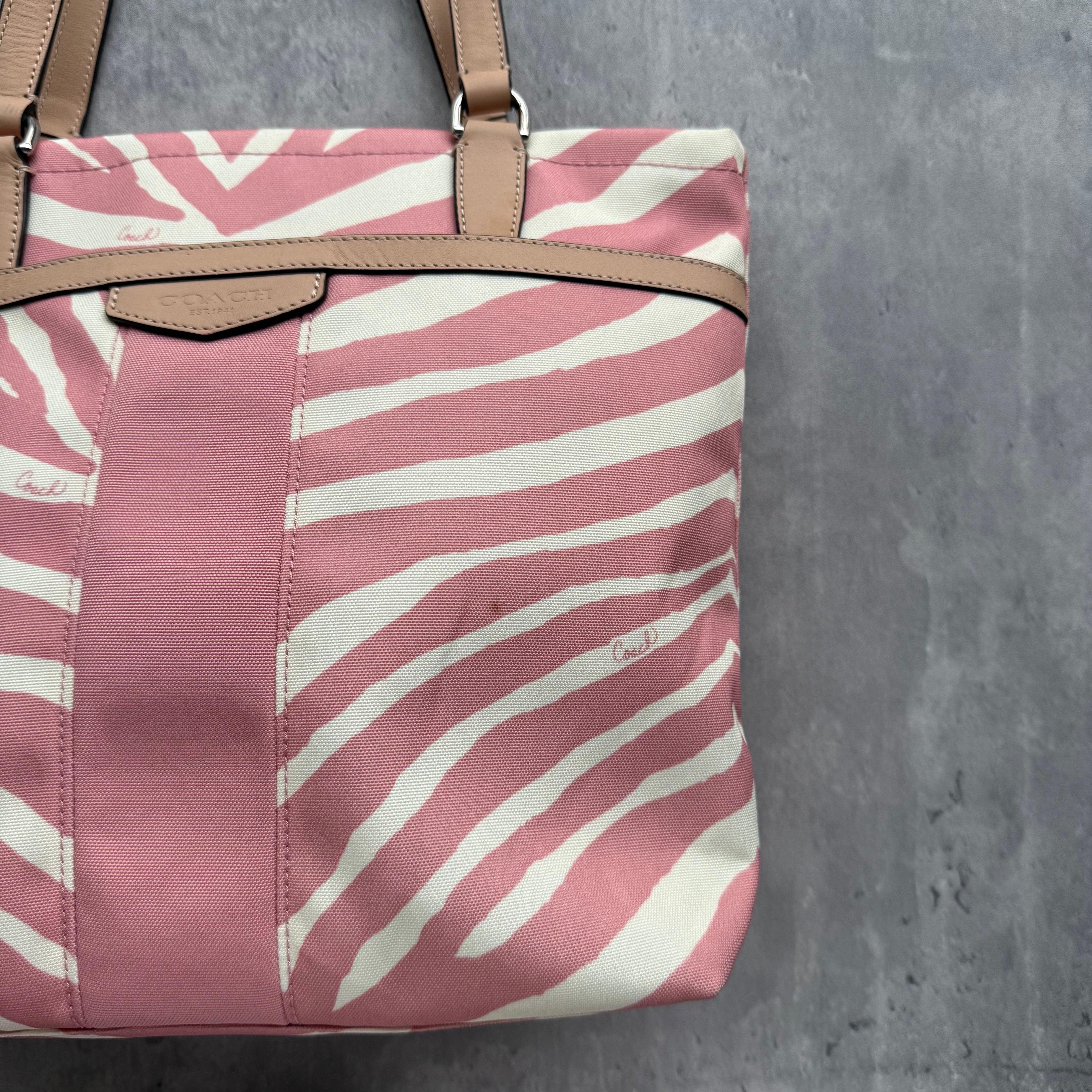 Coach Zebra Striped Carryall Tote Bag Blush Pink/White