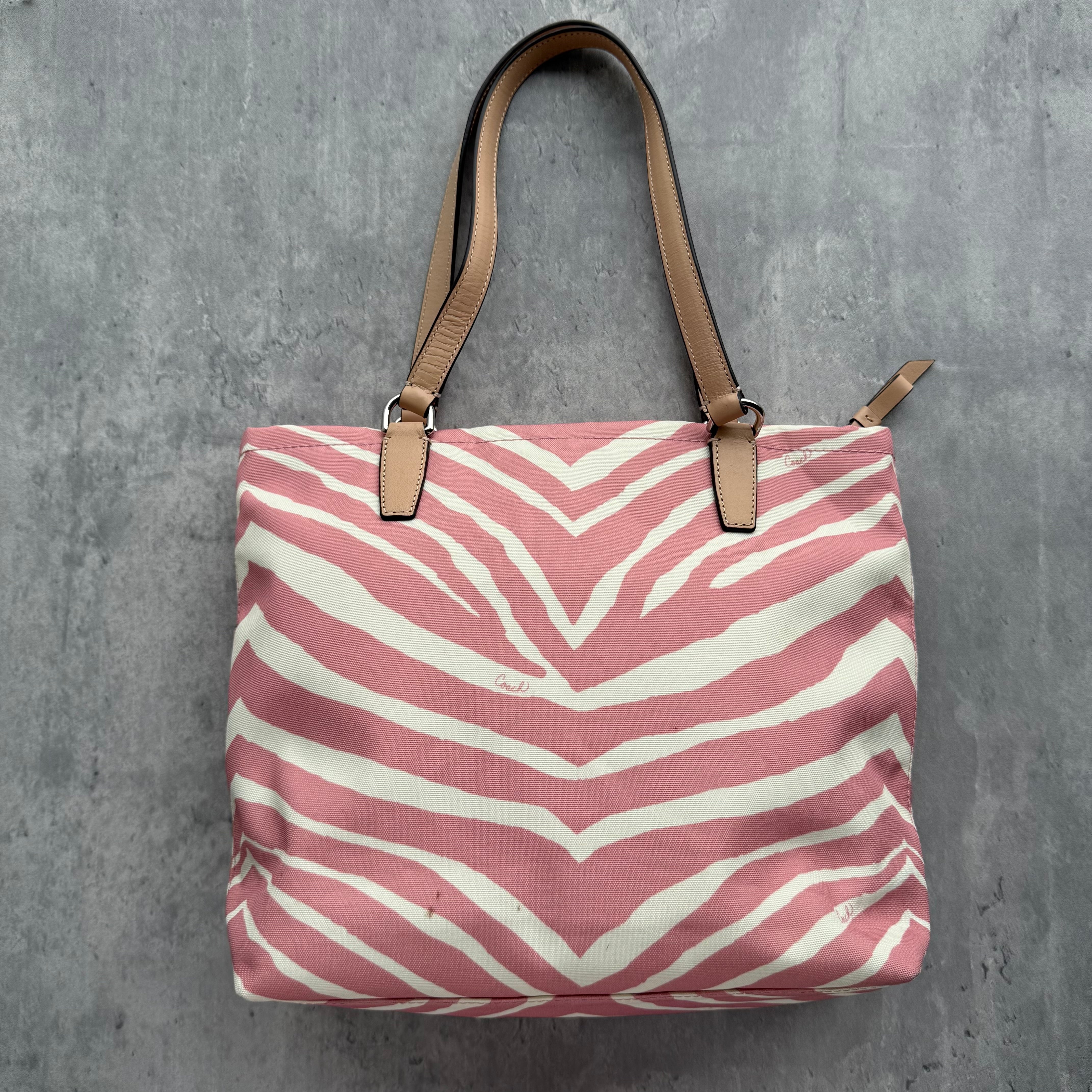 Coach Zebra Striped Carryall Tote Bag Blush Pink/White