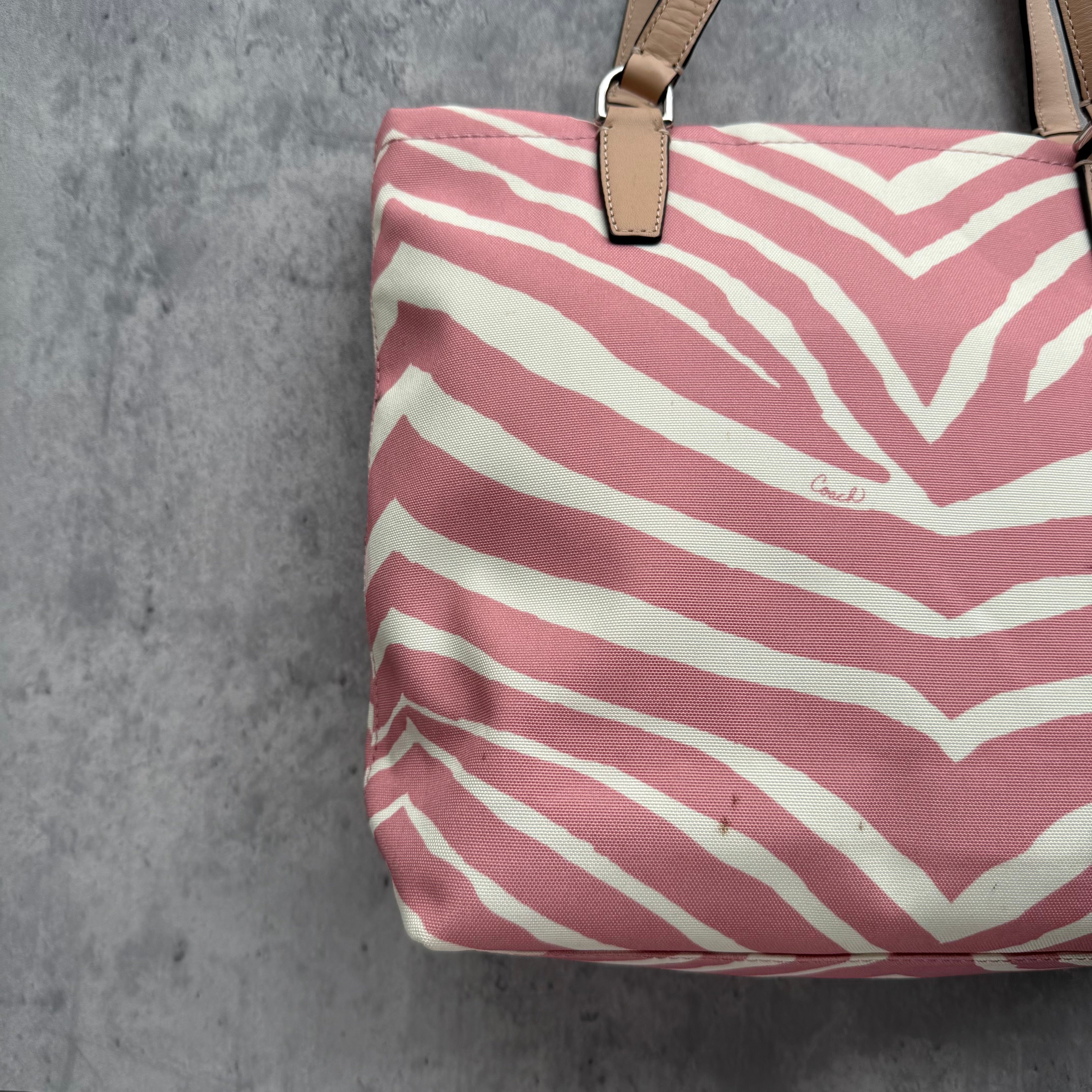 Coach Zebra Striped Carryall Tote Bag Blush Pink/White