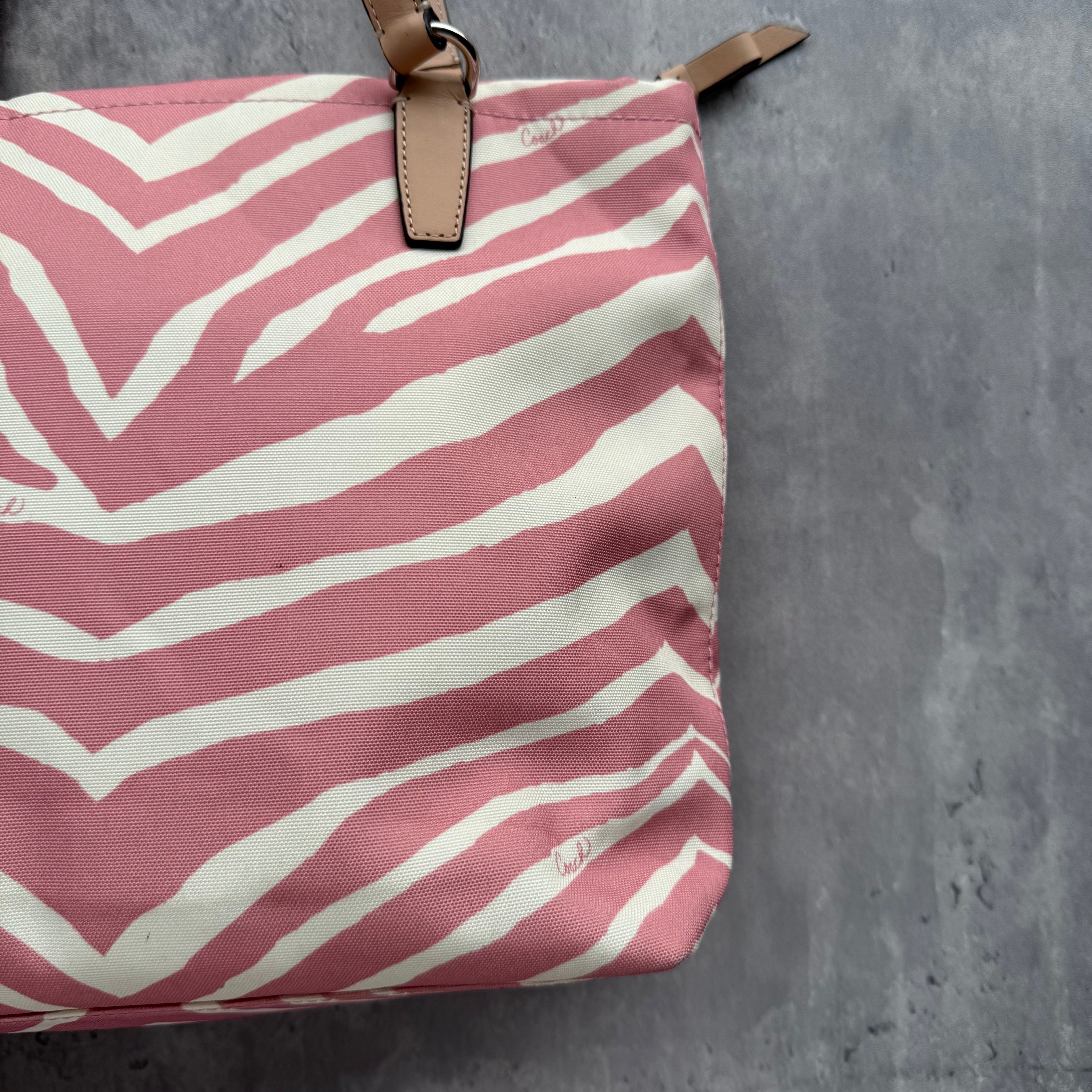Coach Zebra Striped Carryall Tote Bag Blush Pink/White