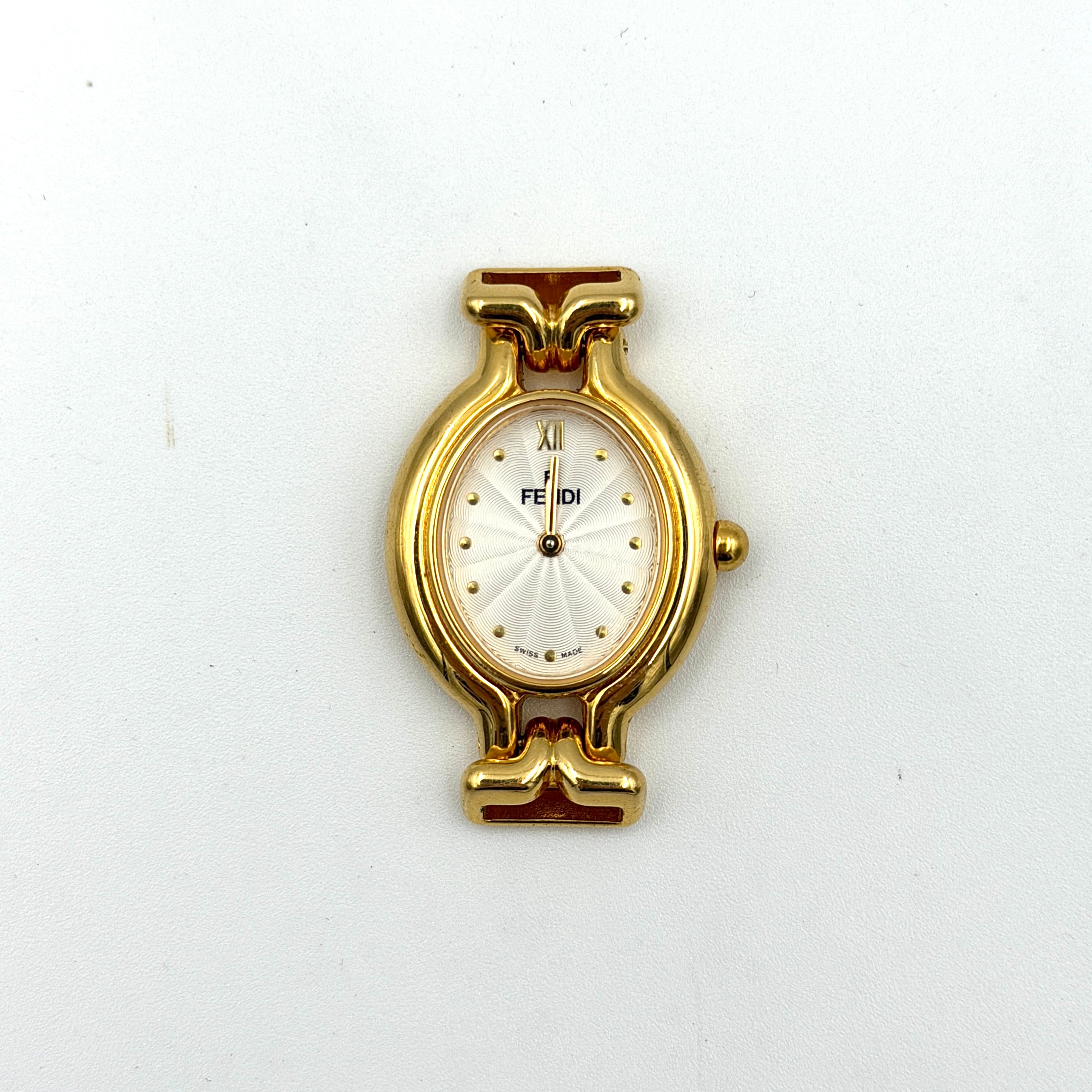 Fendi 640L Chameleon watch with five colored leather straps and gold-tone case displayed in a row.