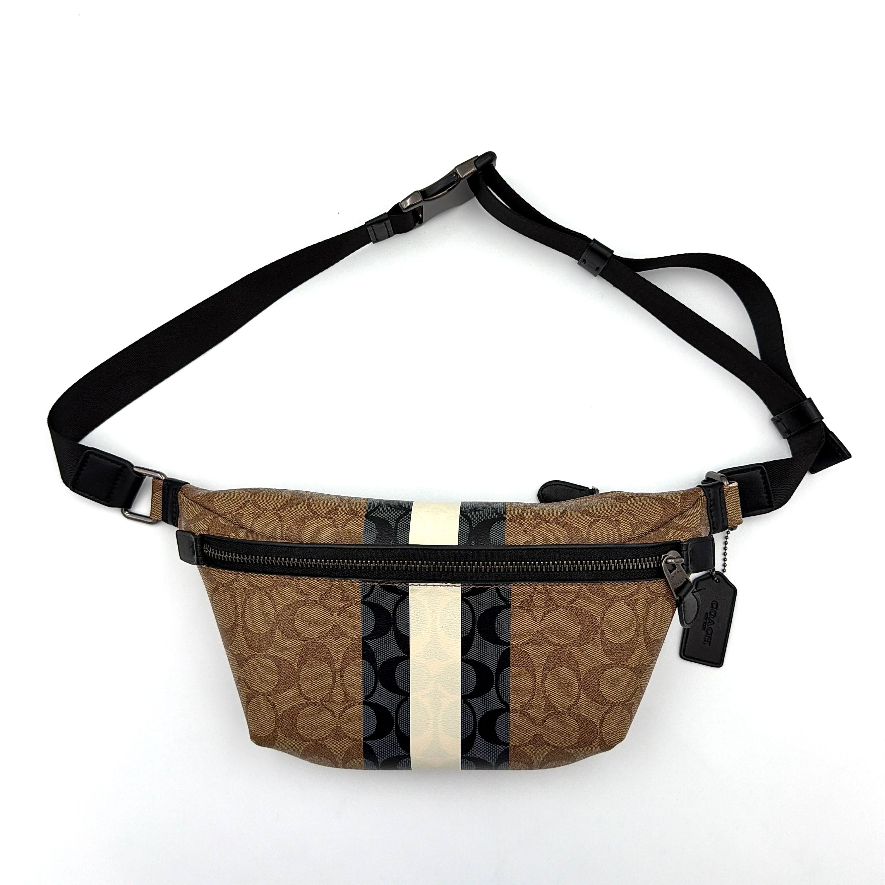 Coach Signature Warren Stripe Belt Bag in beige canvas with black and ivory vertical stripes and adjustable black strap.
