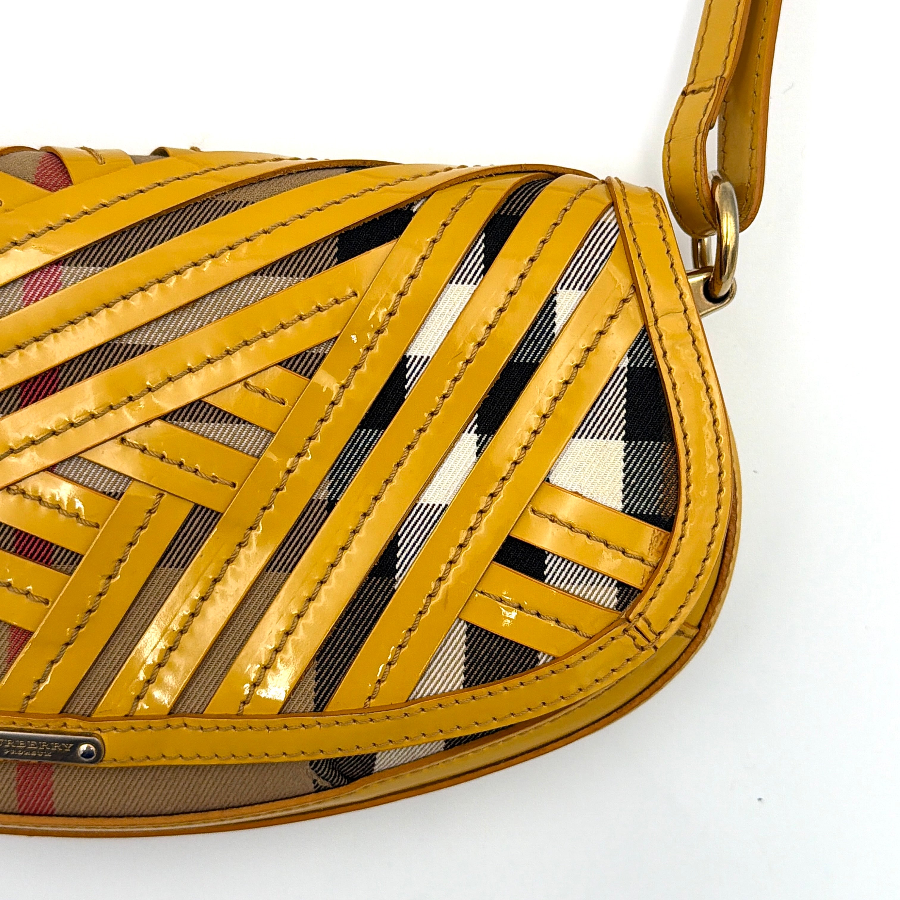 Burberry Prorsum Nova Check Shoulder Bag in yellow patent leather patchwork over classic check canvas, styled with a shoulder strap and silver hardware.
