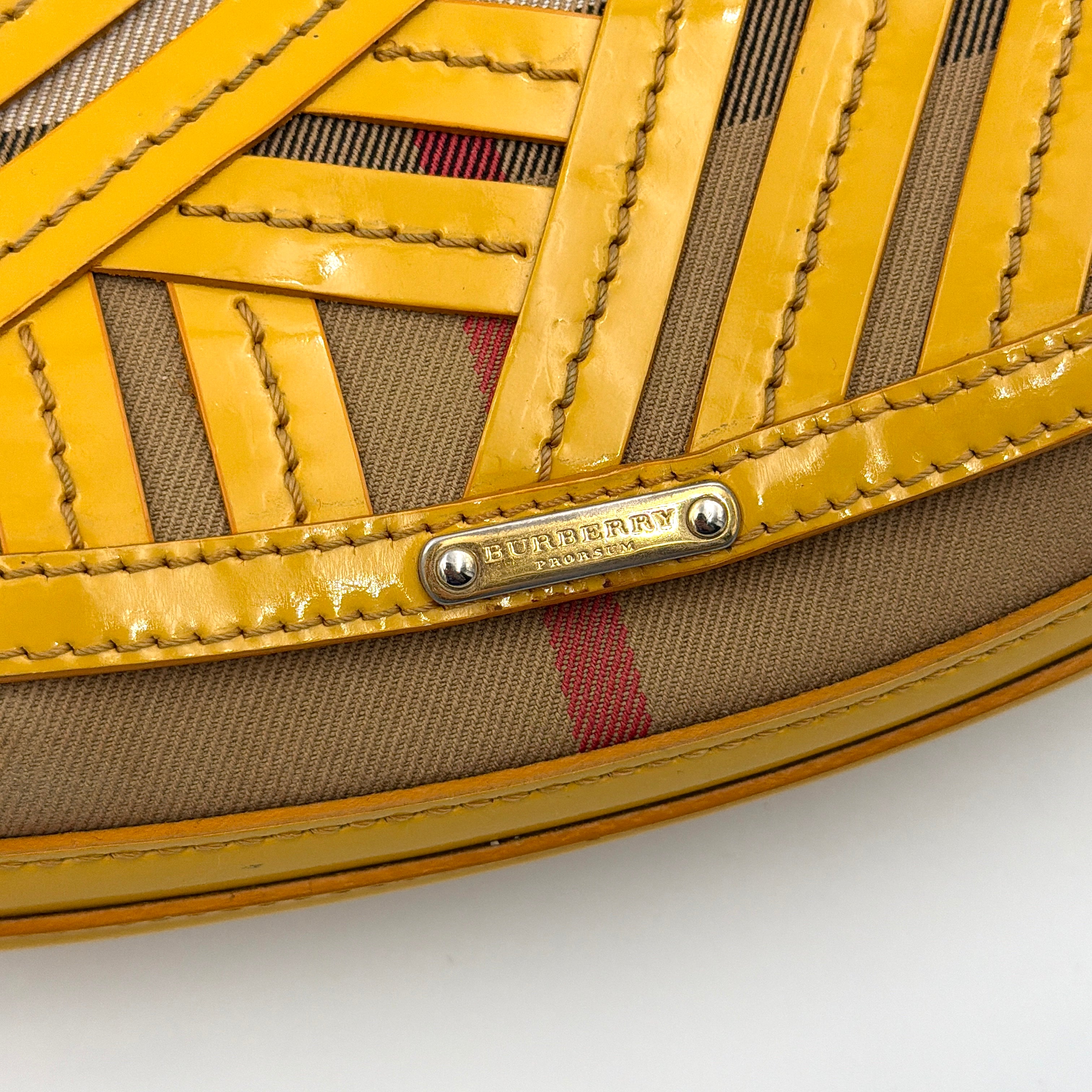 Burberry Prorsum Nova Check Shoulder Bag in yellow patent leather patchwork over classic check canvas, styled with a shoulder strap and silver hardware.