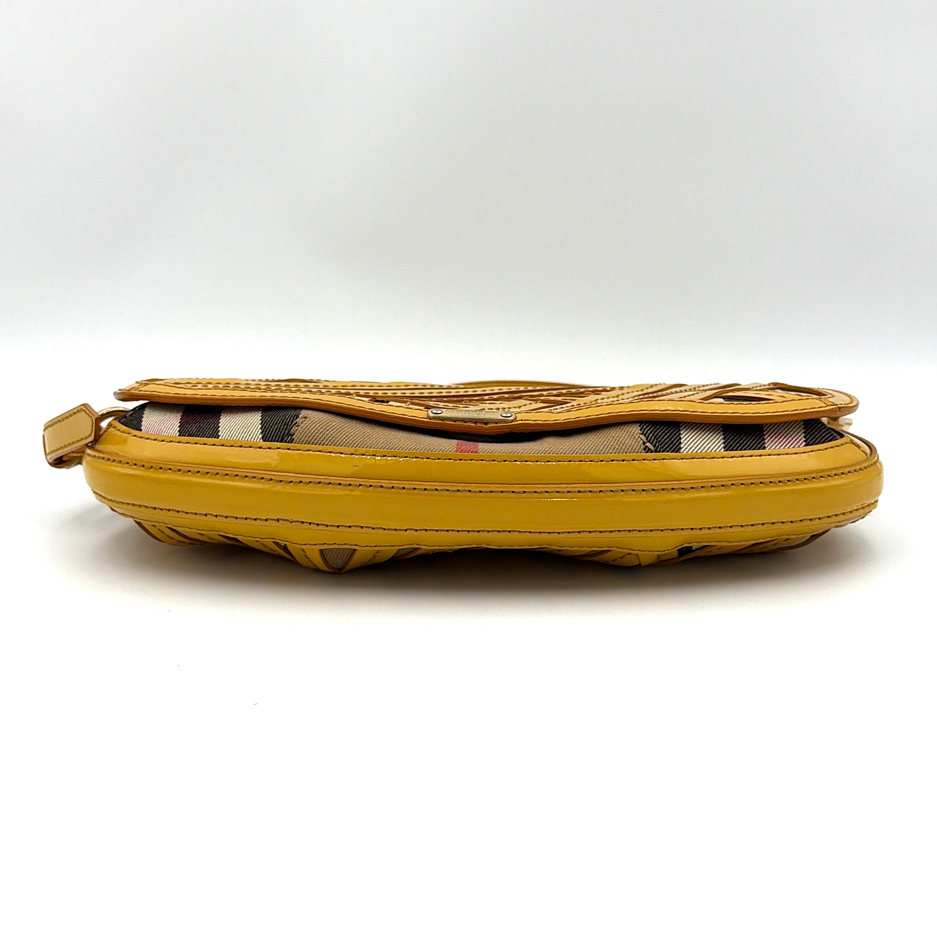 Burberry Prorsum Nova Check Shoulder Bag in yellow patent leather patchwork over classic check canvas, styled with a shoulder strap and silver hardware.