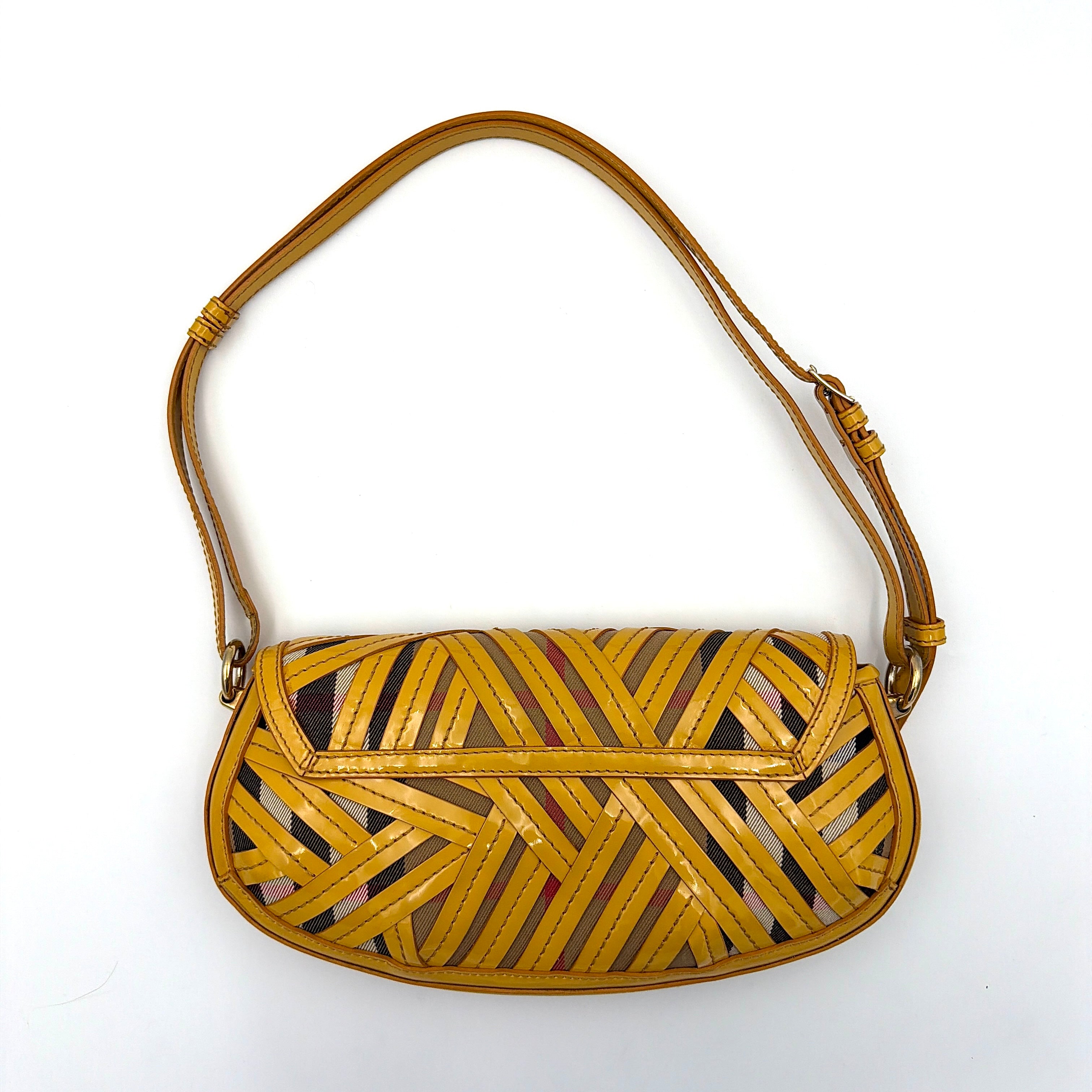 Burberry Prorsum Nova Check Shoulder Bag in yellow patent leather patchwork over classic check canvas, styled with a shoulder strap and silver hardware.