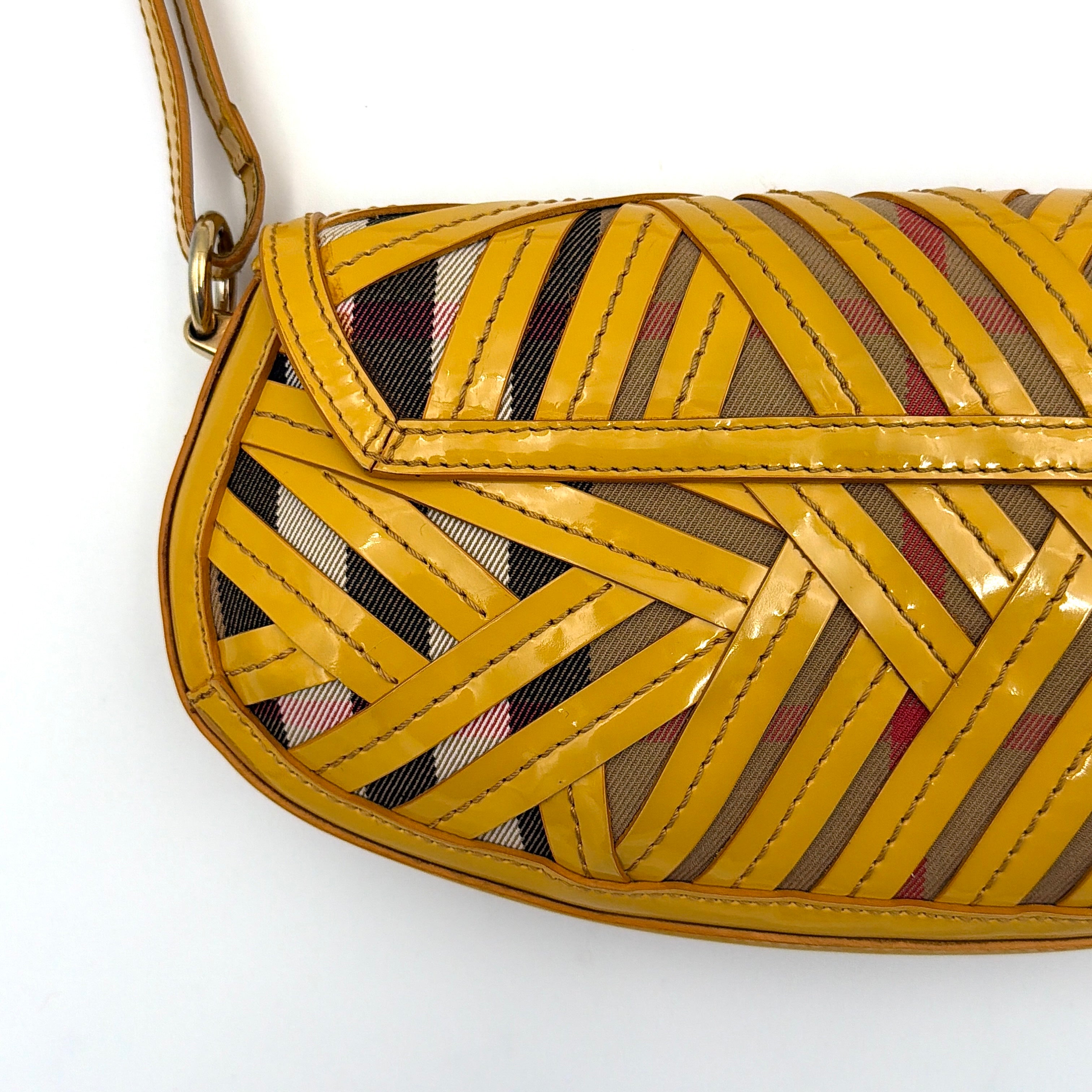 Burberry Prorsum Nova Check Shoulder Bag in yellow patent leather patchwork over classic check canvas, styled with a shoulder strap and silver hardware.