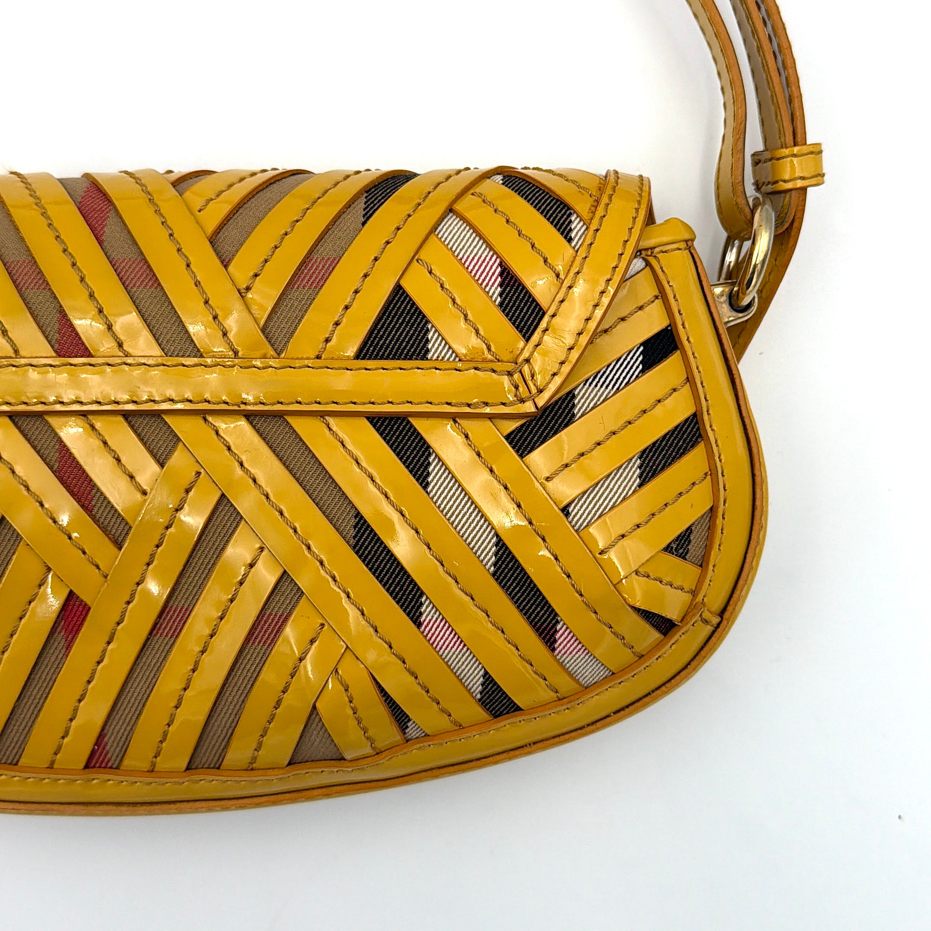 Burberry Prorsum Nova Check Shoulder Bag in yellow patent leather patchwork over classic check canvas, styled with a shoulder strap and silver hardware.