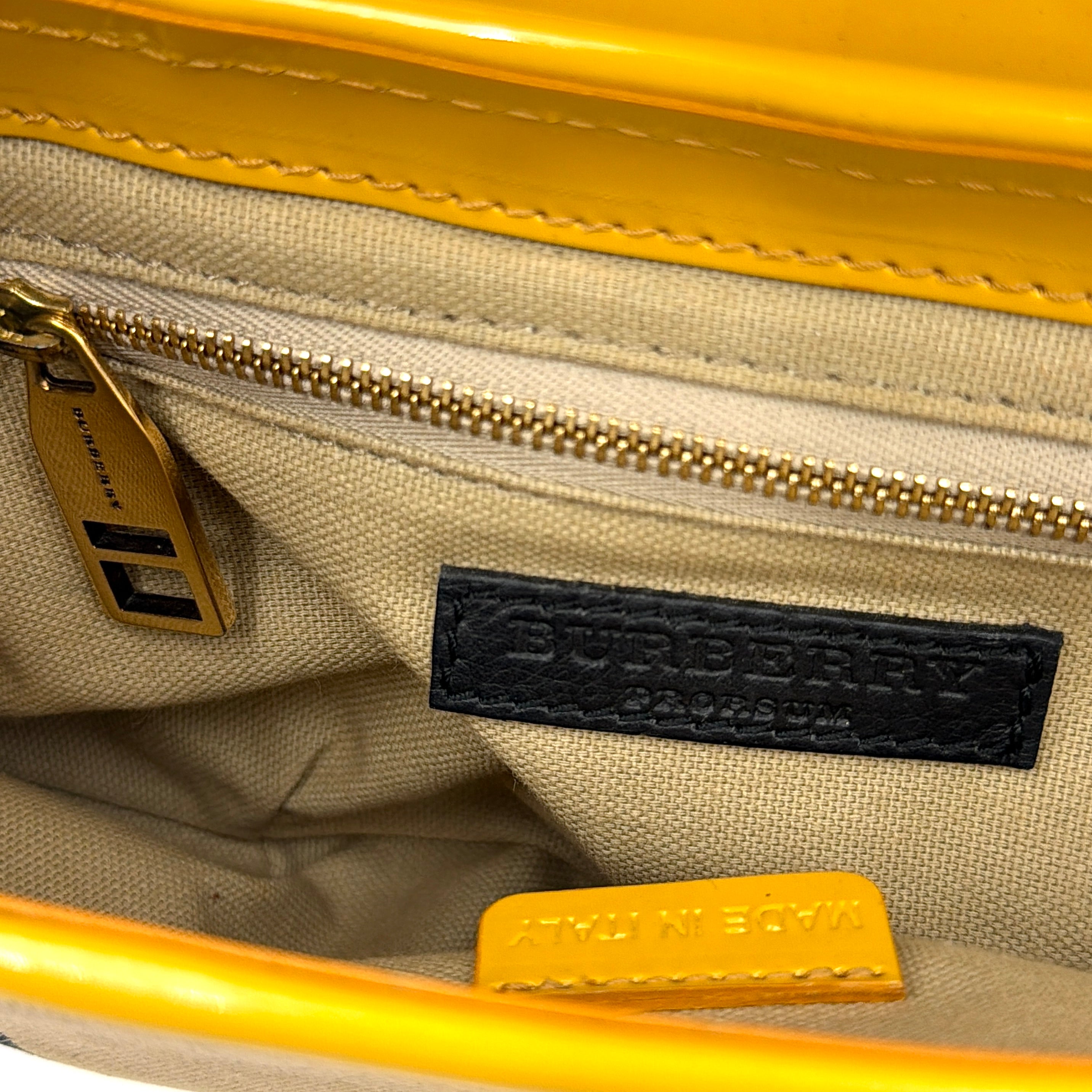 Burberry Prorsum Nova Check Shoulder Bag in yellow patent leather patchwork over classic check canvas, styled with a shoulder strap and silver hardware.