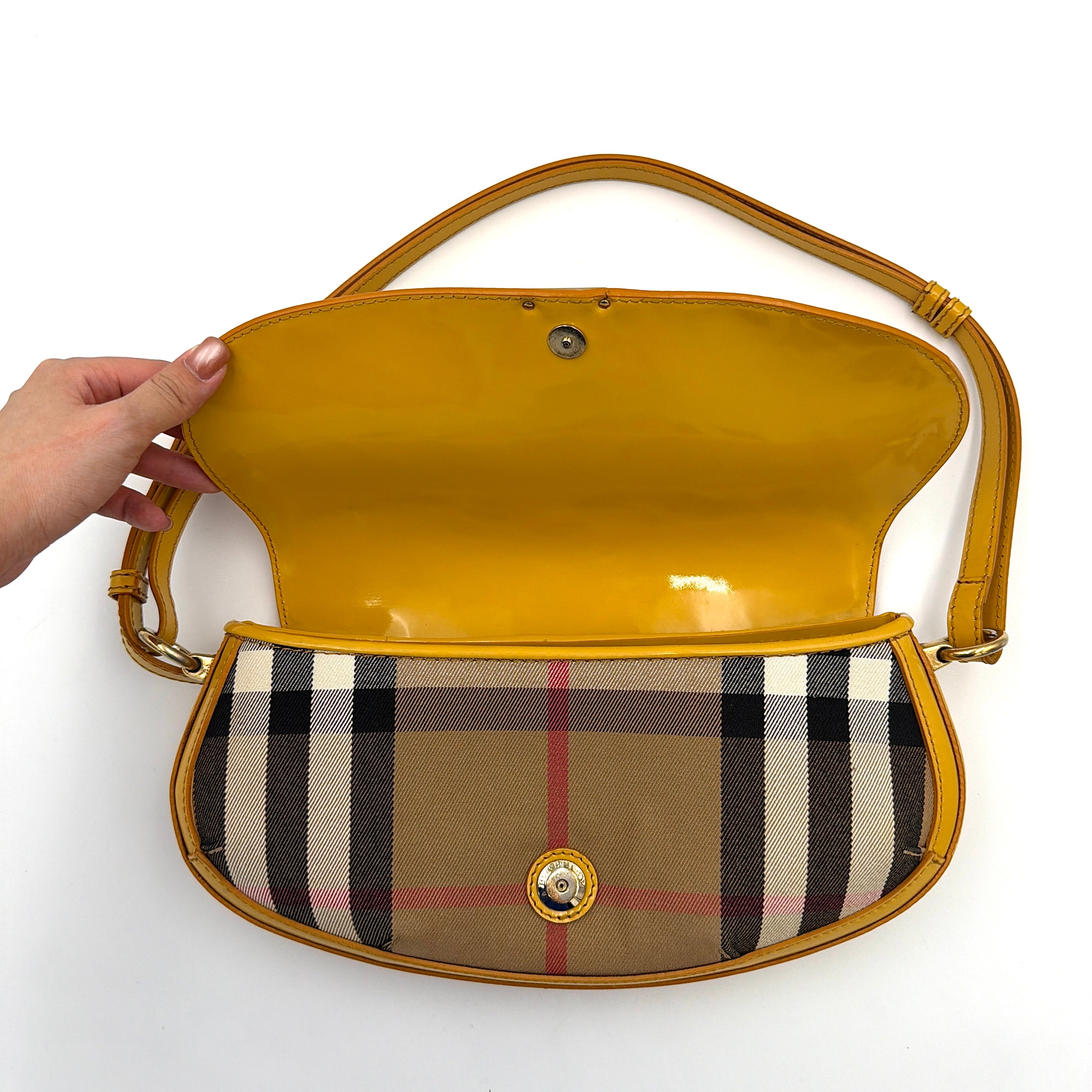 Burberry Prorsum Nova Check Shoulder Bag in yellow patent leather patchwork over classic check canvas, styled with a shoulder strap and silver hardware.