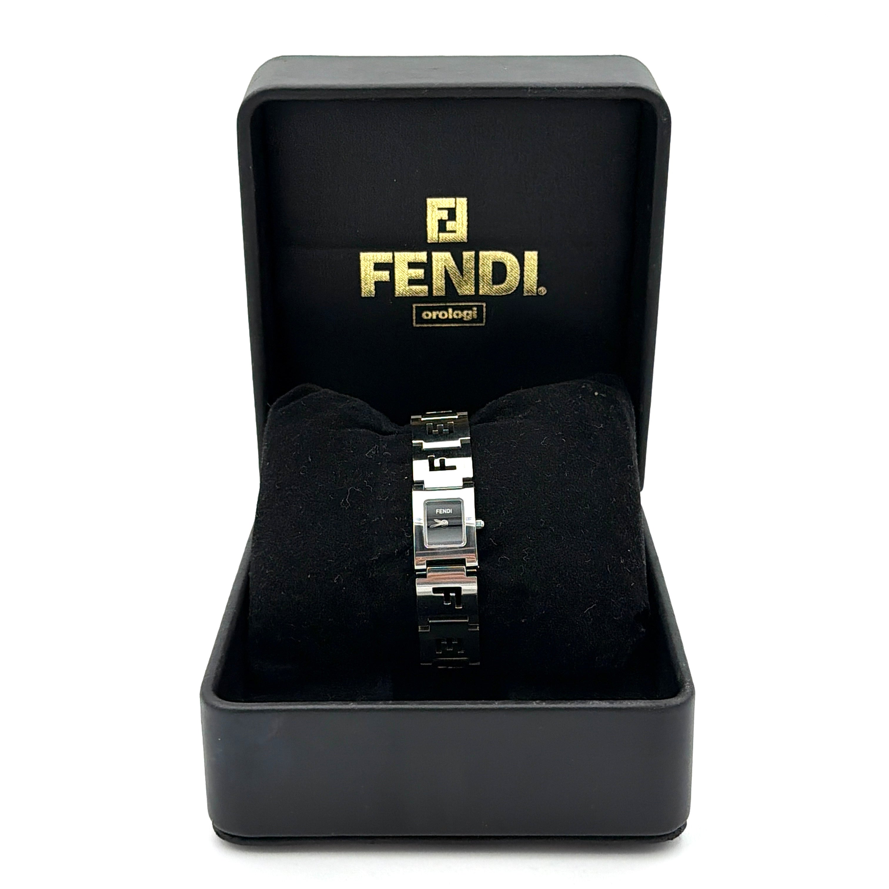 Fendi 3150L FF Logo Belt Watch in silver with a black dial, presented in a black Fendi box with gold logo accents.