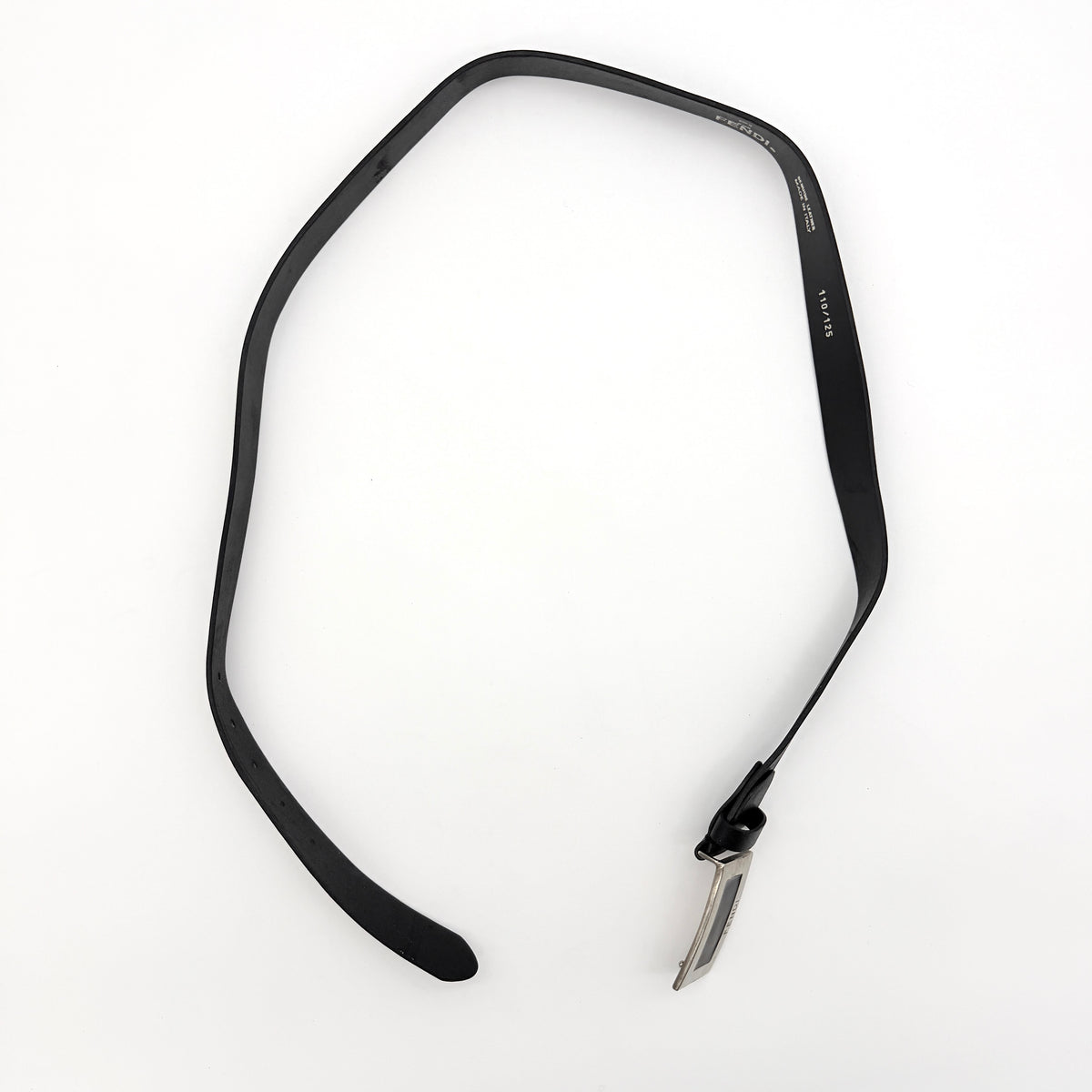 Fendi black leather belt with a rectangular silver-tone logo buckle, displayed against a white backdrop.