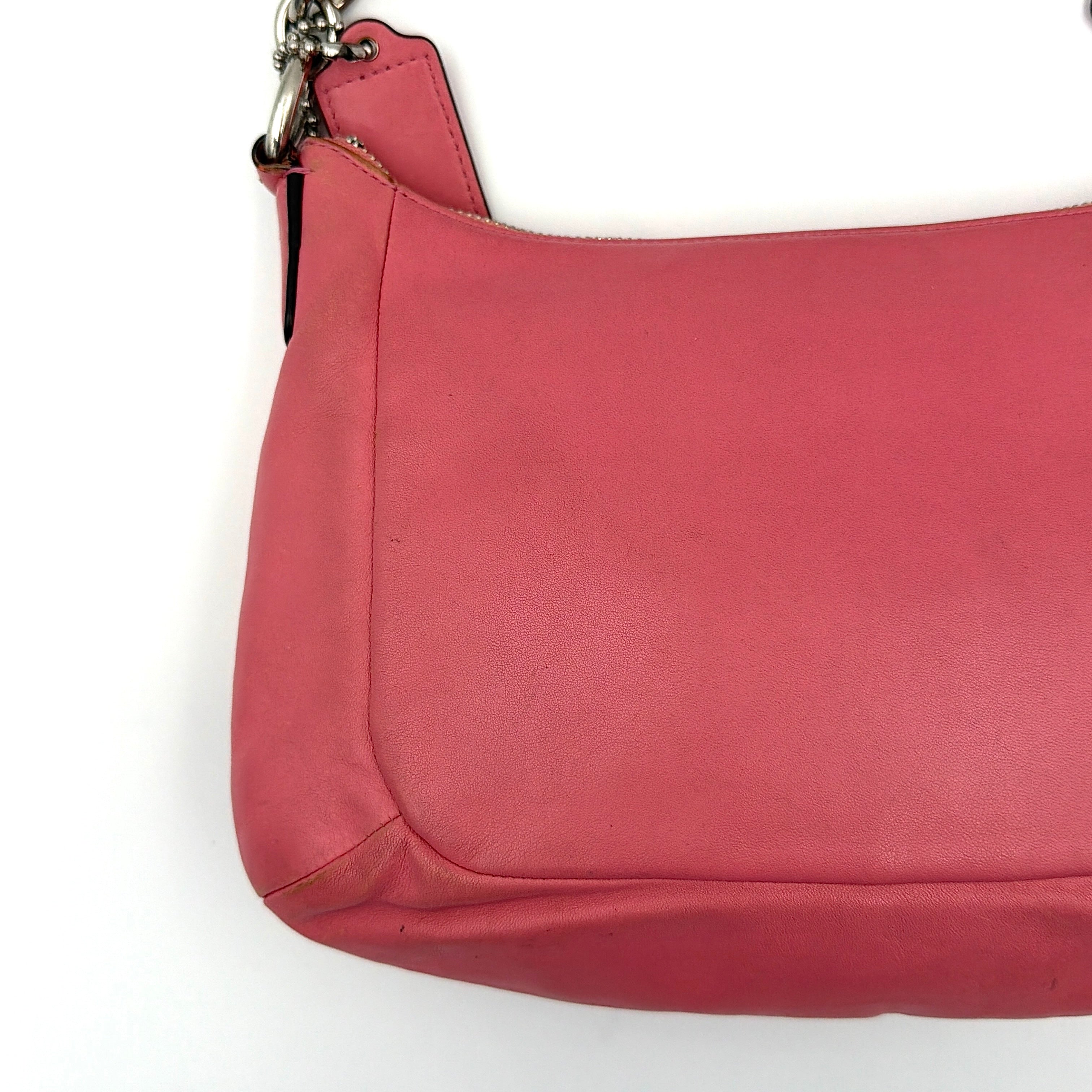 Coach Kristin 2Way Shoulder Bag in pink leather with silver hardware and detachable strap, displayed with both handle and crossbody option.