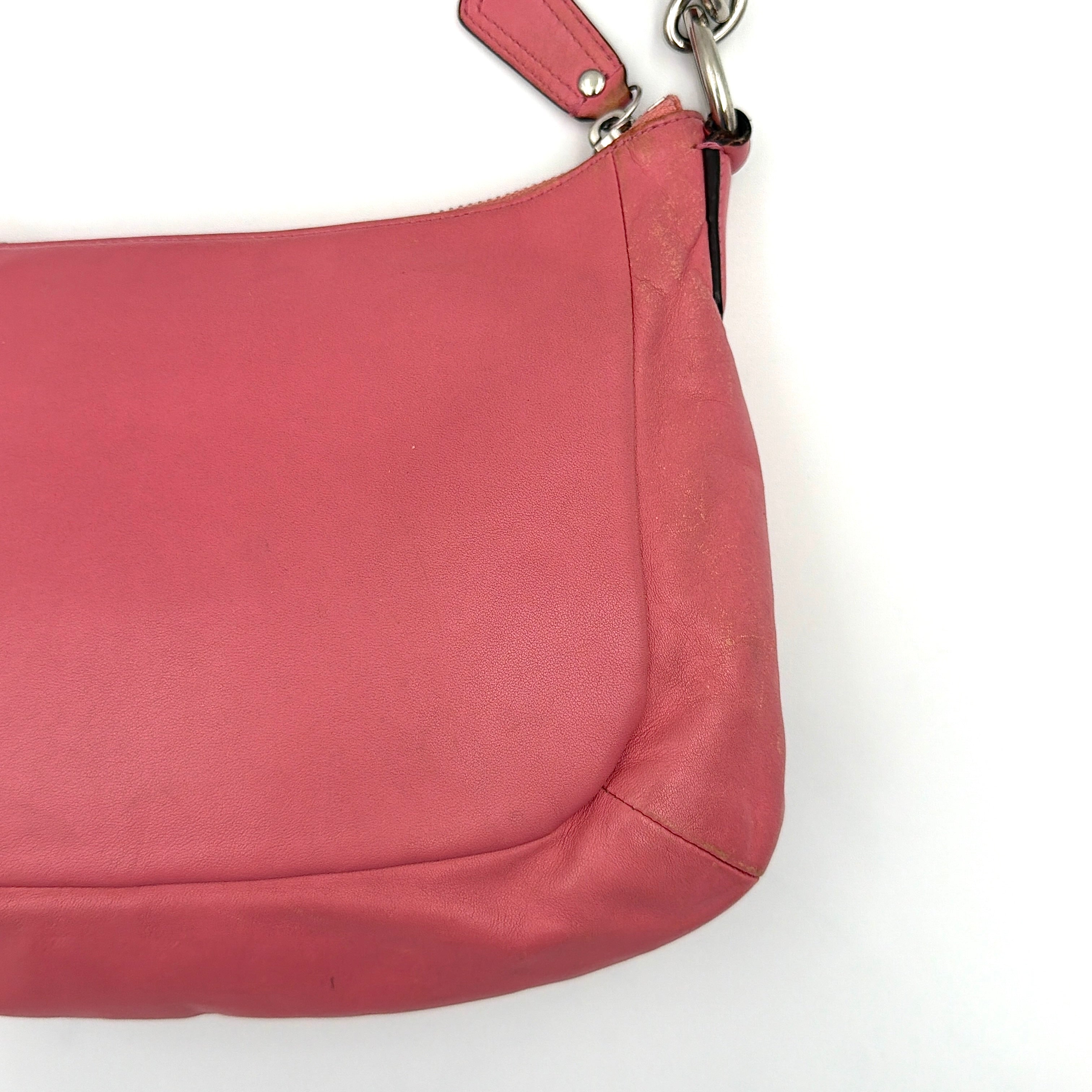Coach Kristin 2Way Shoulder Bag in pink leather with silver hardware and detachable strap, displayed with both handle and crossbody option.
