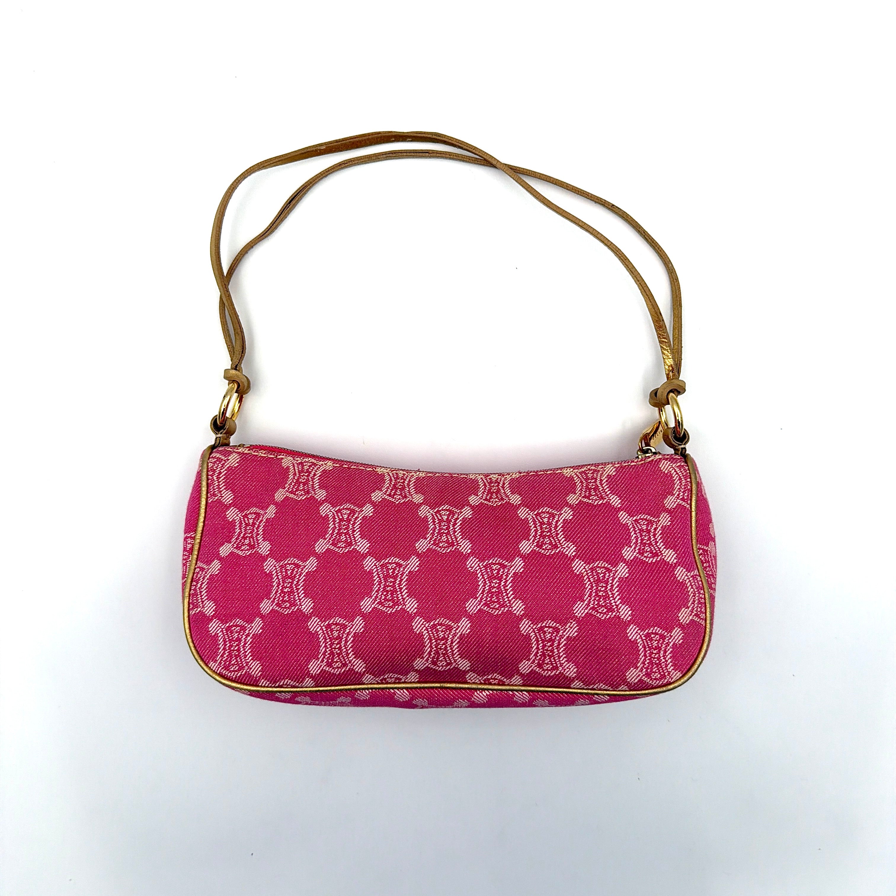 Front view of the Celine Macadam pink denim shoulder bag with gold-tone leather strap and triomphe monogram print.