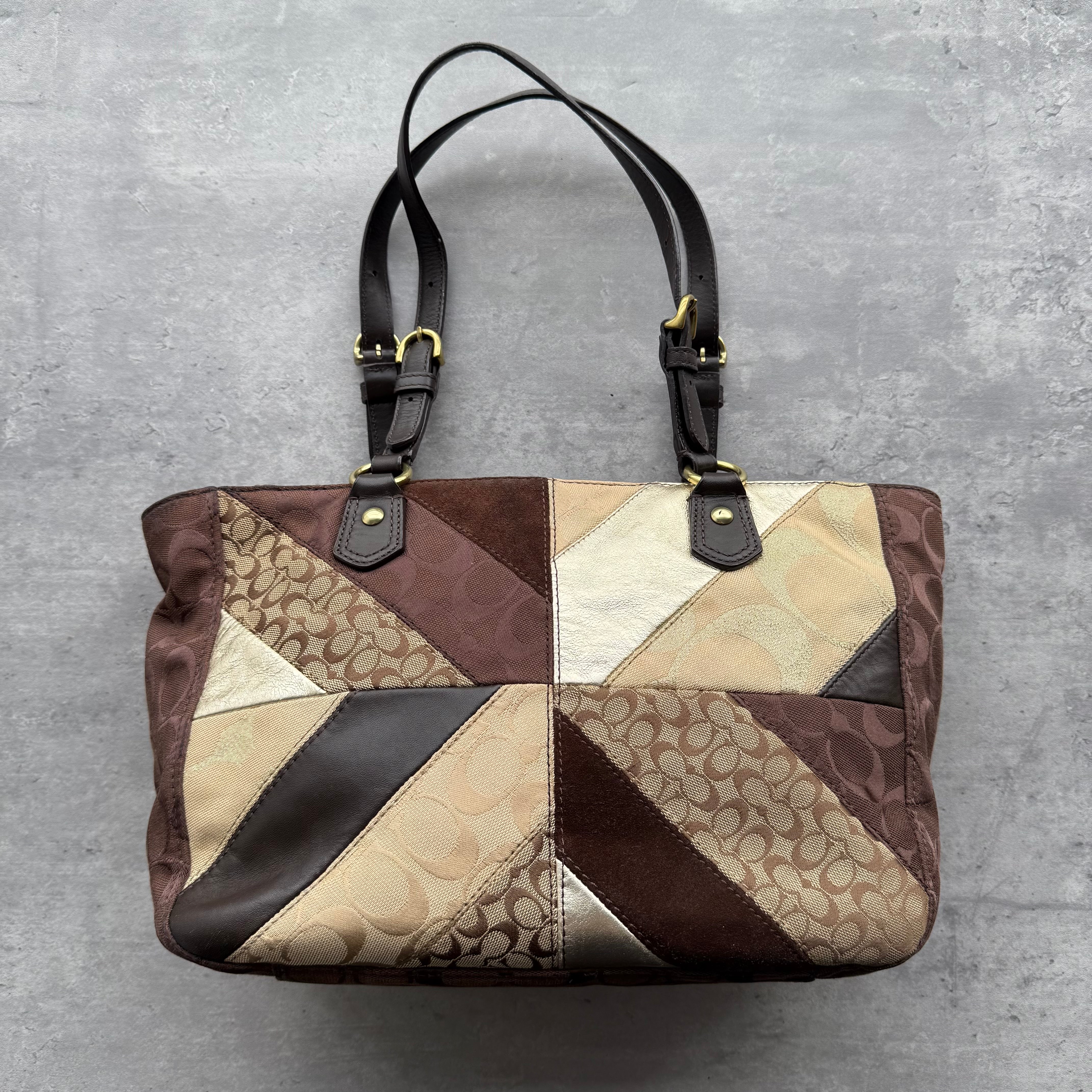 Coach Y2K Chevron Patchwork Tote Bag Brown Multicolor