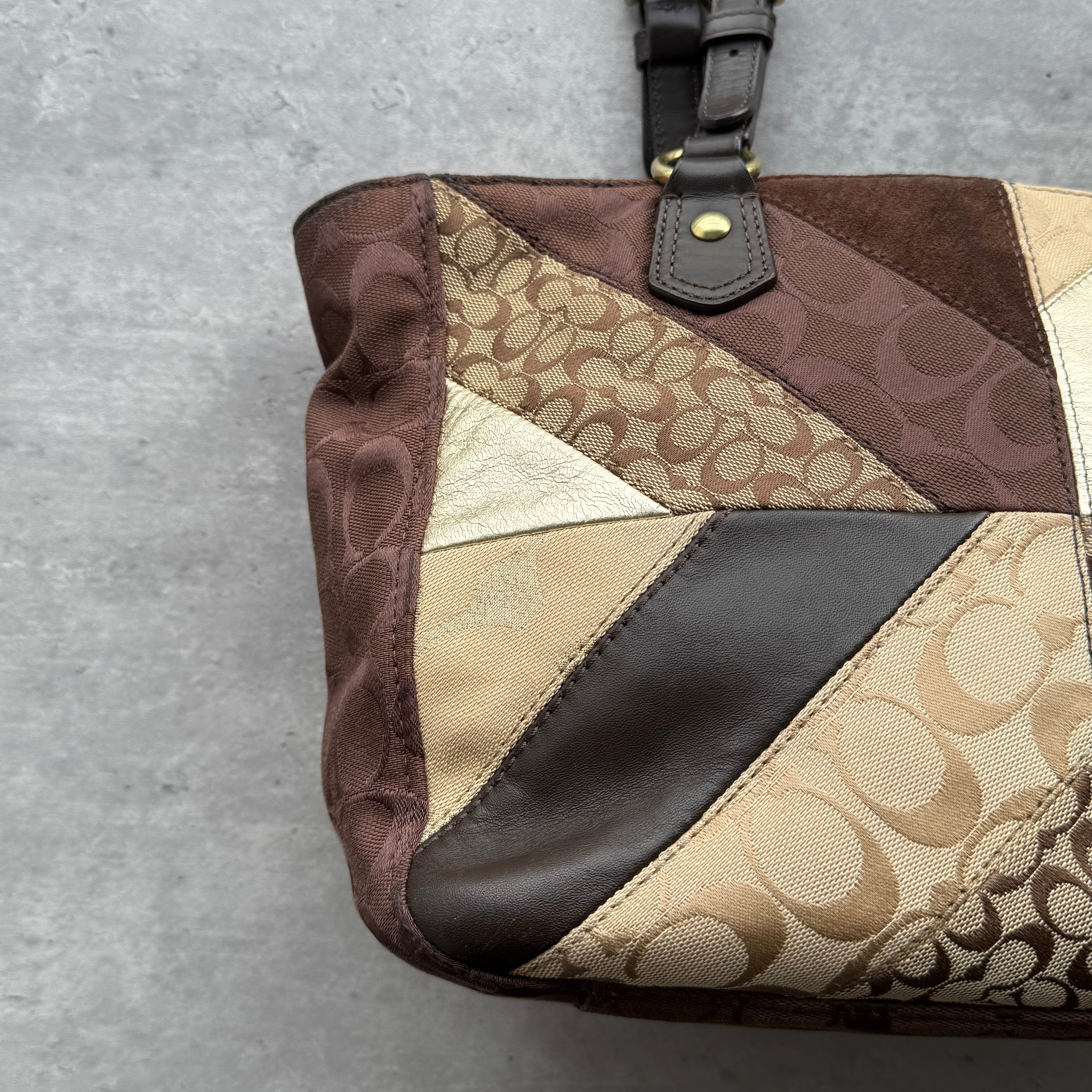 Coach Y2K Chevron Patchwork Tote Bag Brown Multicolor