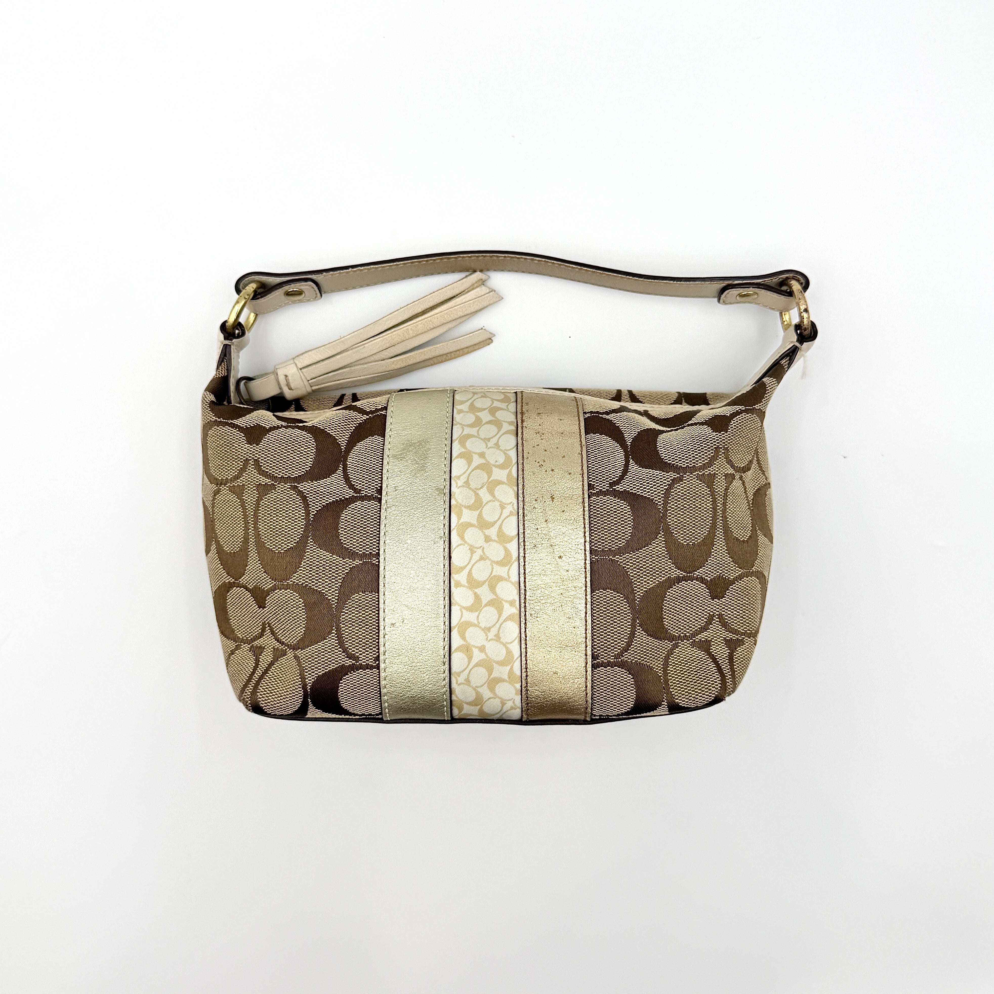 Coach Signature Stripe Mini Hobo Shoulder Bag in beige and gold with monogram canvas, cream leather trim, and gold stripes.