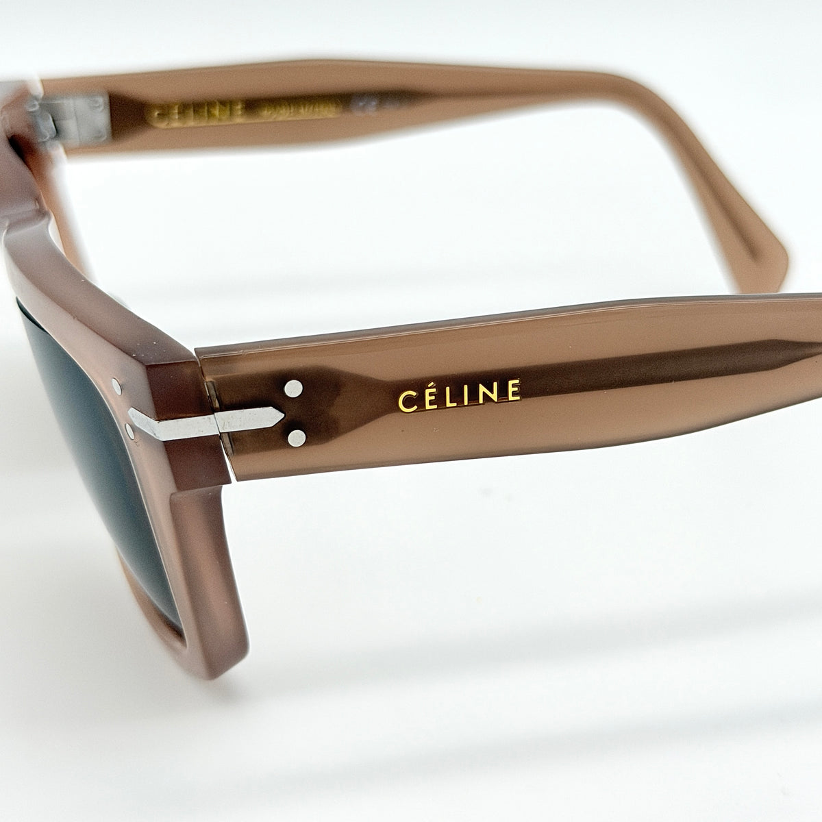 Celine CL 41046/F/S Tilda sunglasses in brown acetate with silver hardware, shown with Celine case and cloth.