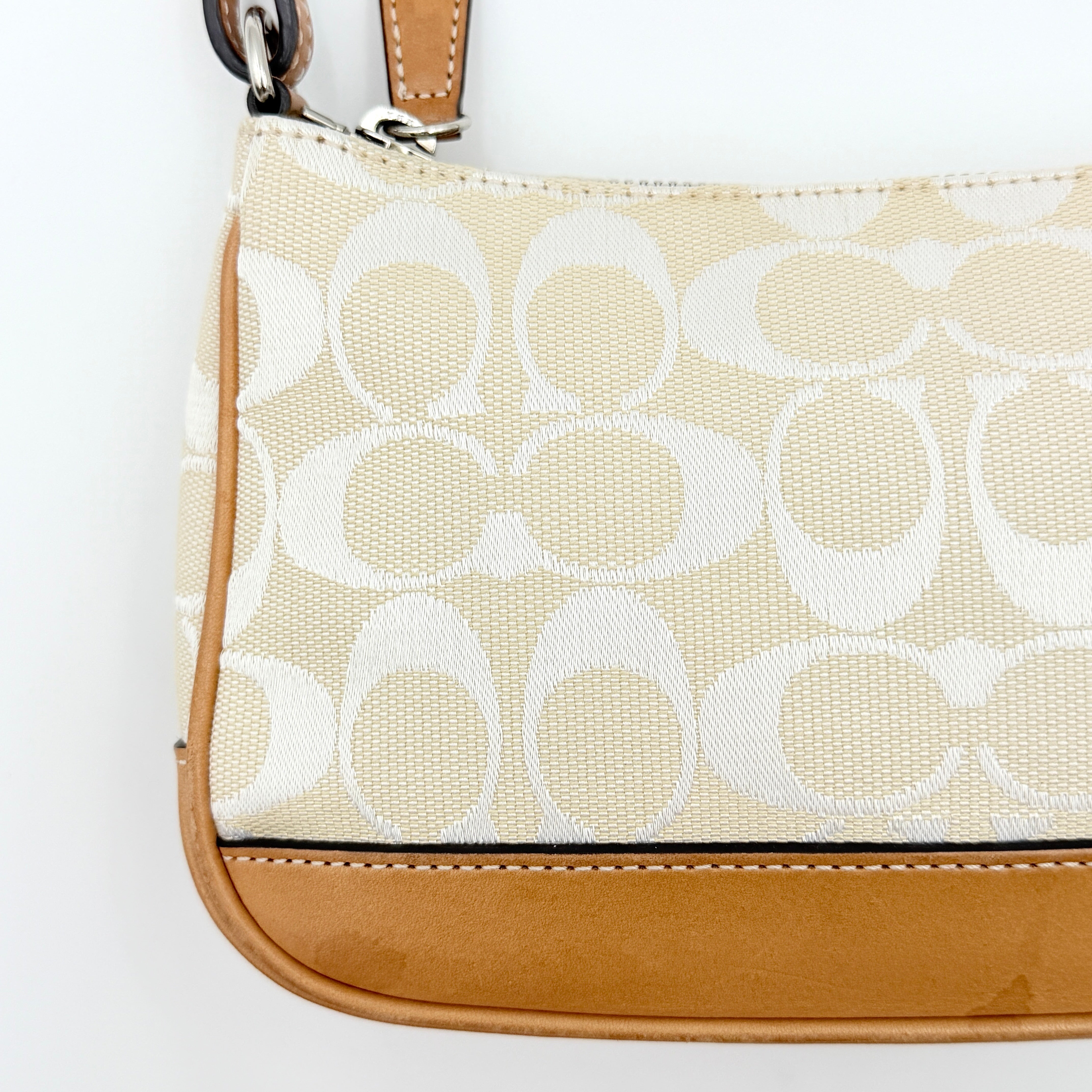 Coach Y2K Demi Shoulder Bag in cream and tan jacquard canvas with leather trim and signature tag.