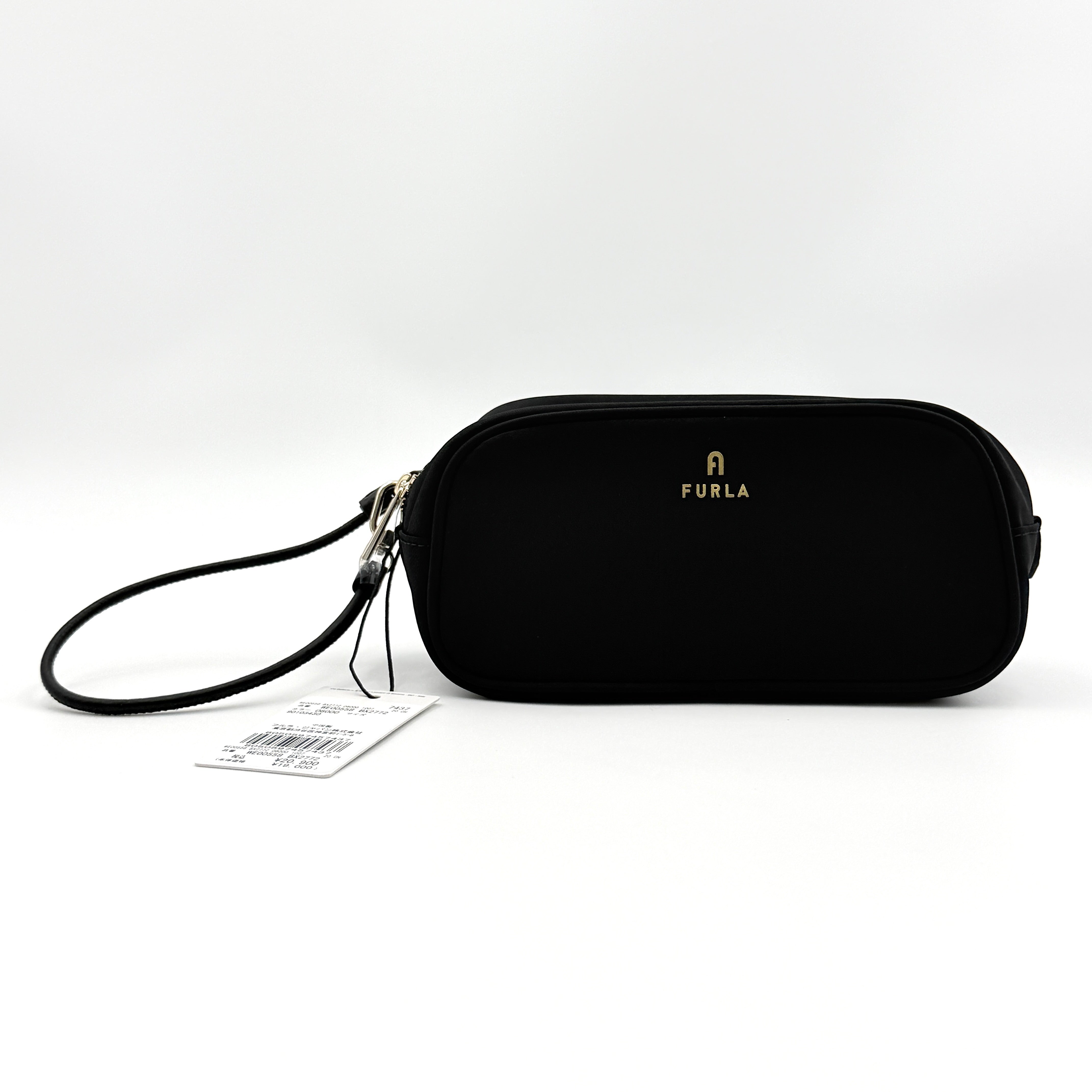 Furla Camelia Cosmetic Case in black nylon with gold logo and wristlet strap, shown with original tag.