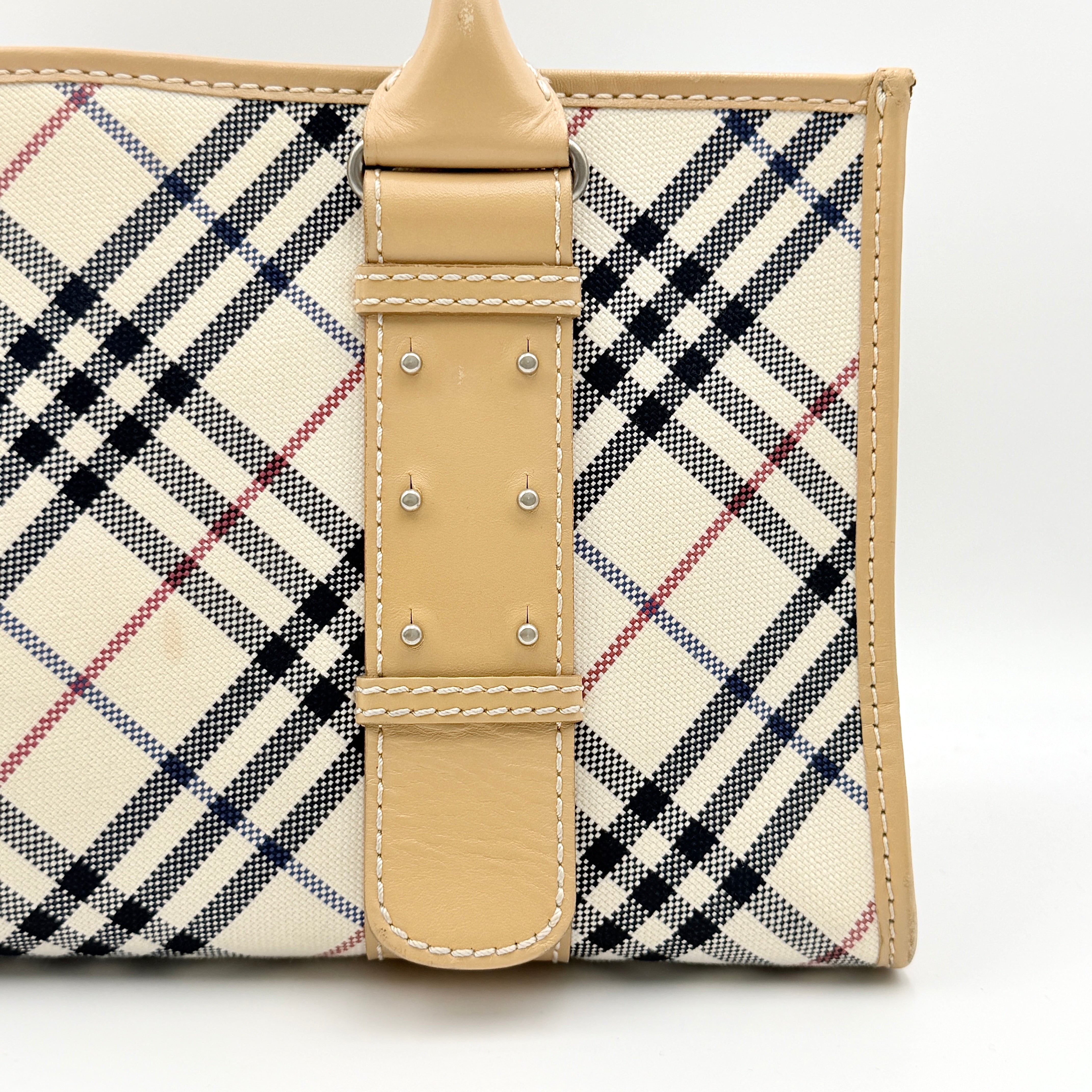 Burberry Blue Label Nova Check handbag in beige with leather trim and double top handles, displayed against a white background.