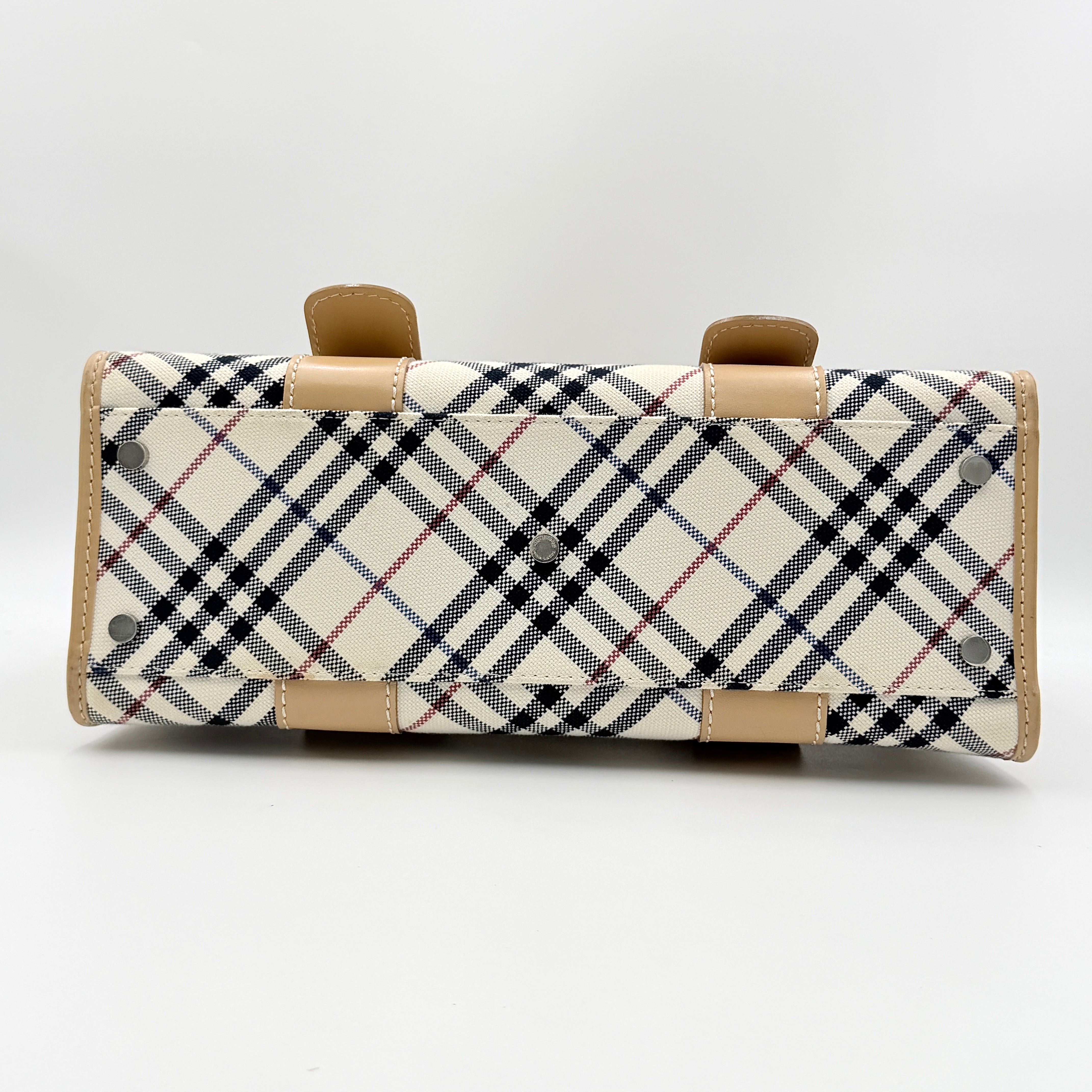 Burberry Blue Label Nova Check handbag in beige with leather trim and double top handles, displayed against a white background.