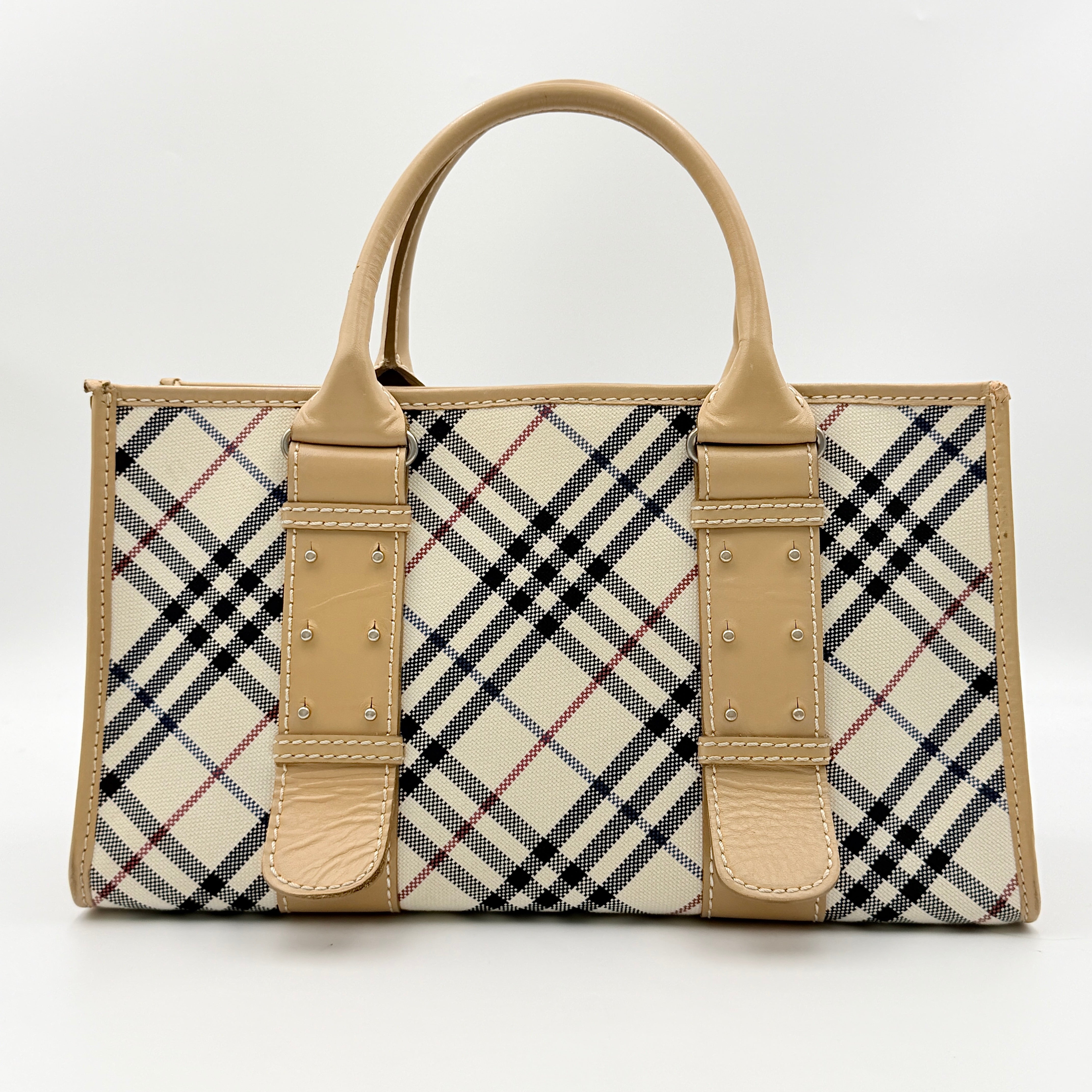 Burberry Blue Label Nova Check handbag in beige with leather trim and double top handles, displayed against a white background.