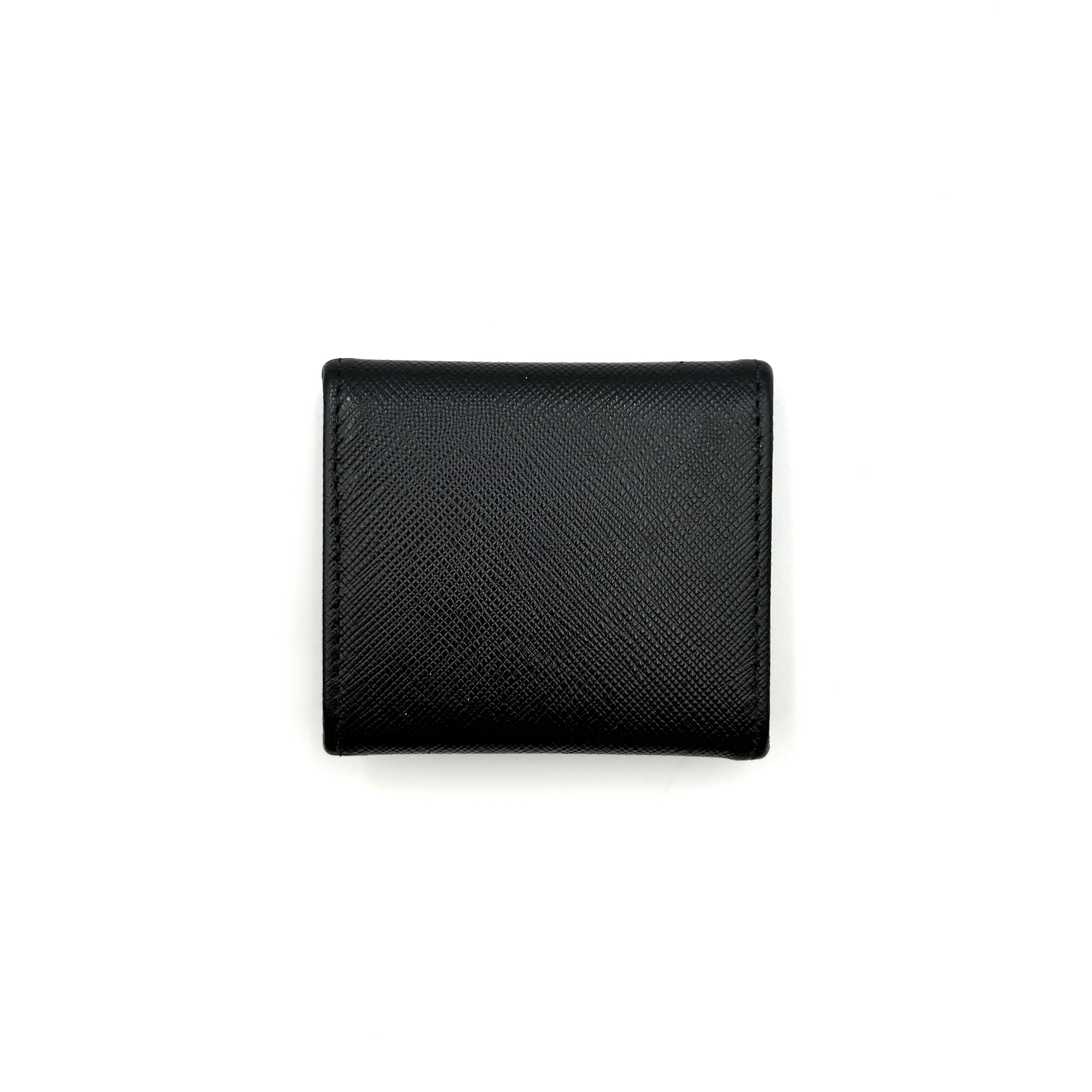 Prada Saffiano Triangle Logo Coin Case in black with silver enamel logo plaque at the corner.
