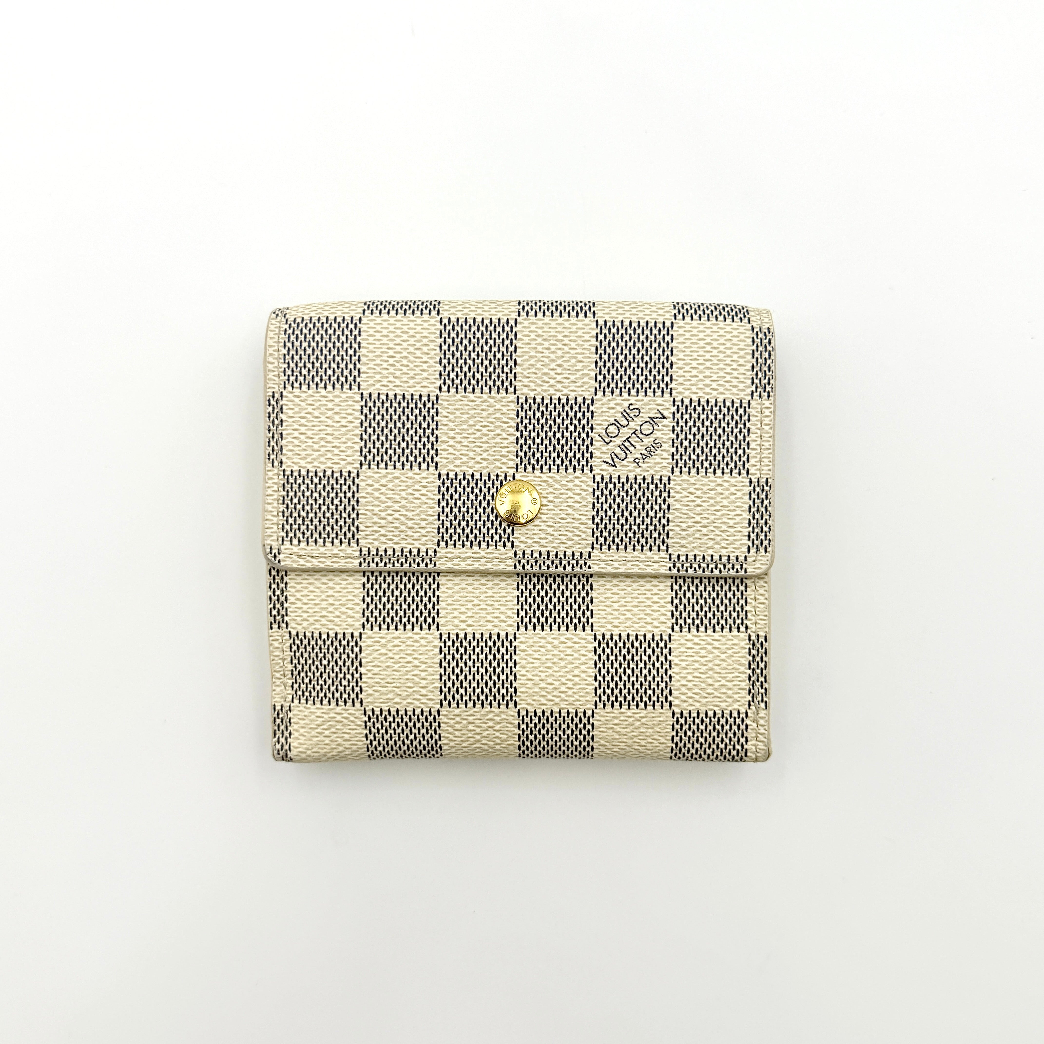 Louis Vuitton Damier Azur Elise Wallet in checked canvas with gold button snap, photographed on a clean white background.