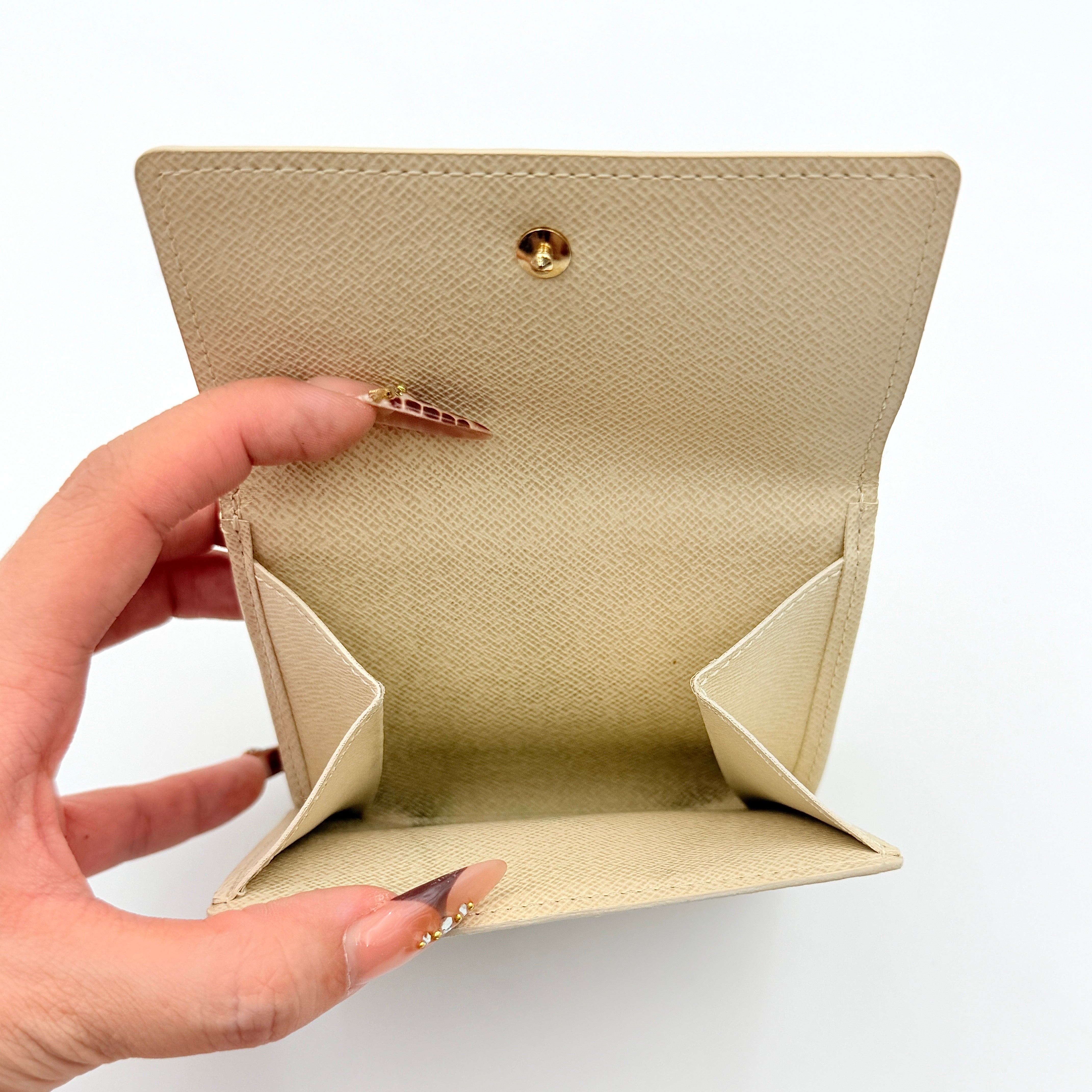 Louis Vuitton Damier Azur Elise Wallet in checked canvas with gold button snap, photographed on a clean white background.