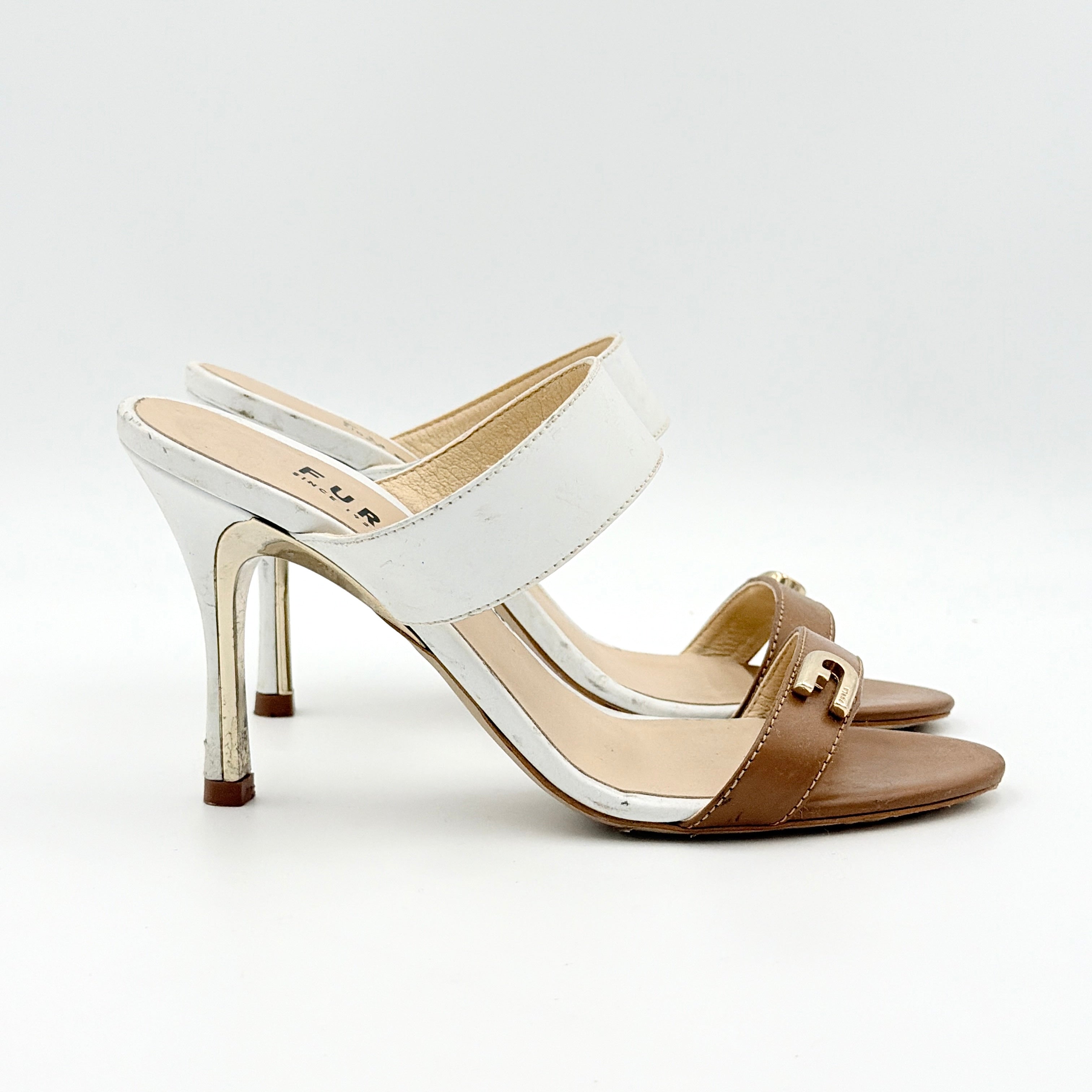 Furla brown and white colorblock mule sandals with gold-tone logo hardware and high white heel, size EU36
