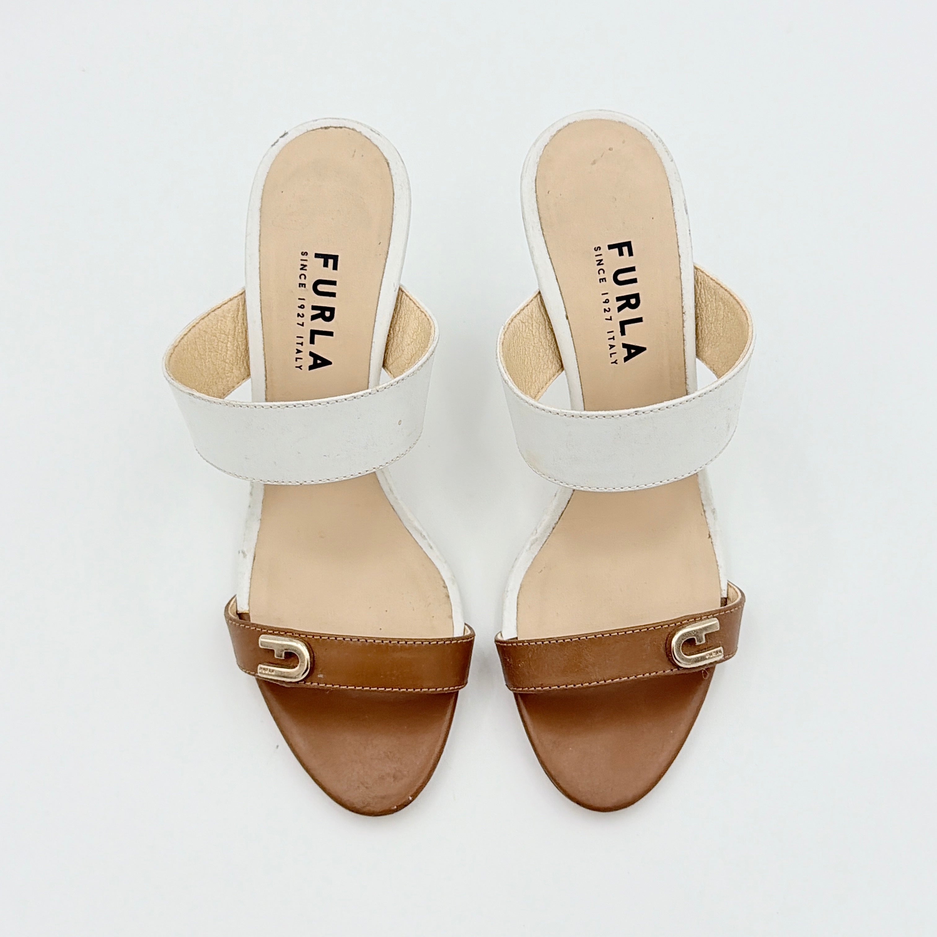 Furla brown and white colorblock mule sandals with gold-tone logo hardware and high white heel, size EU36