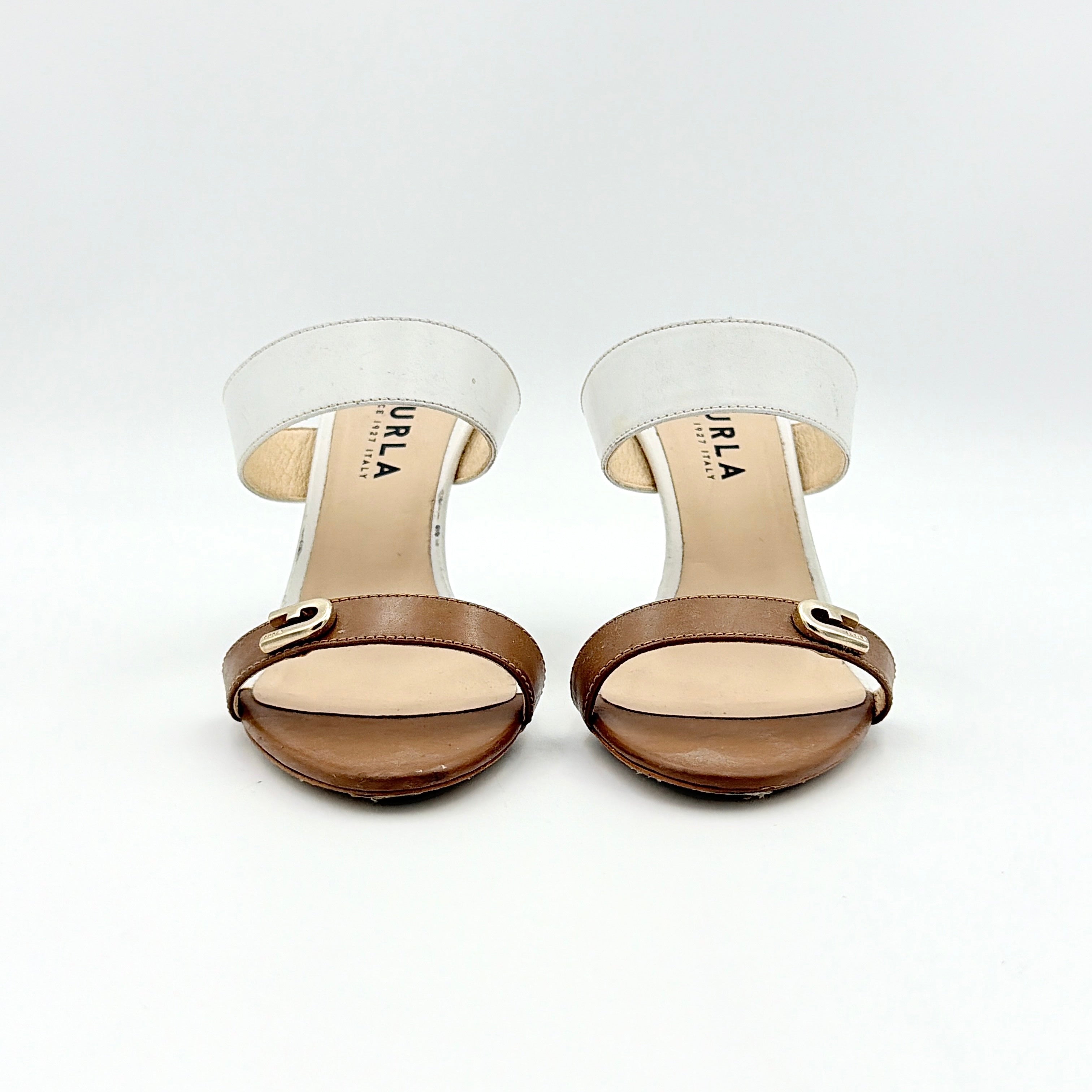 Furla brown and white colorblock mule sandals with gold-tone logo hardware and high white heel, size EU36