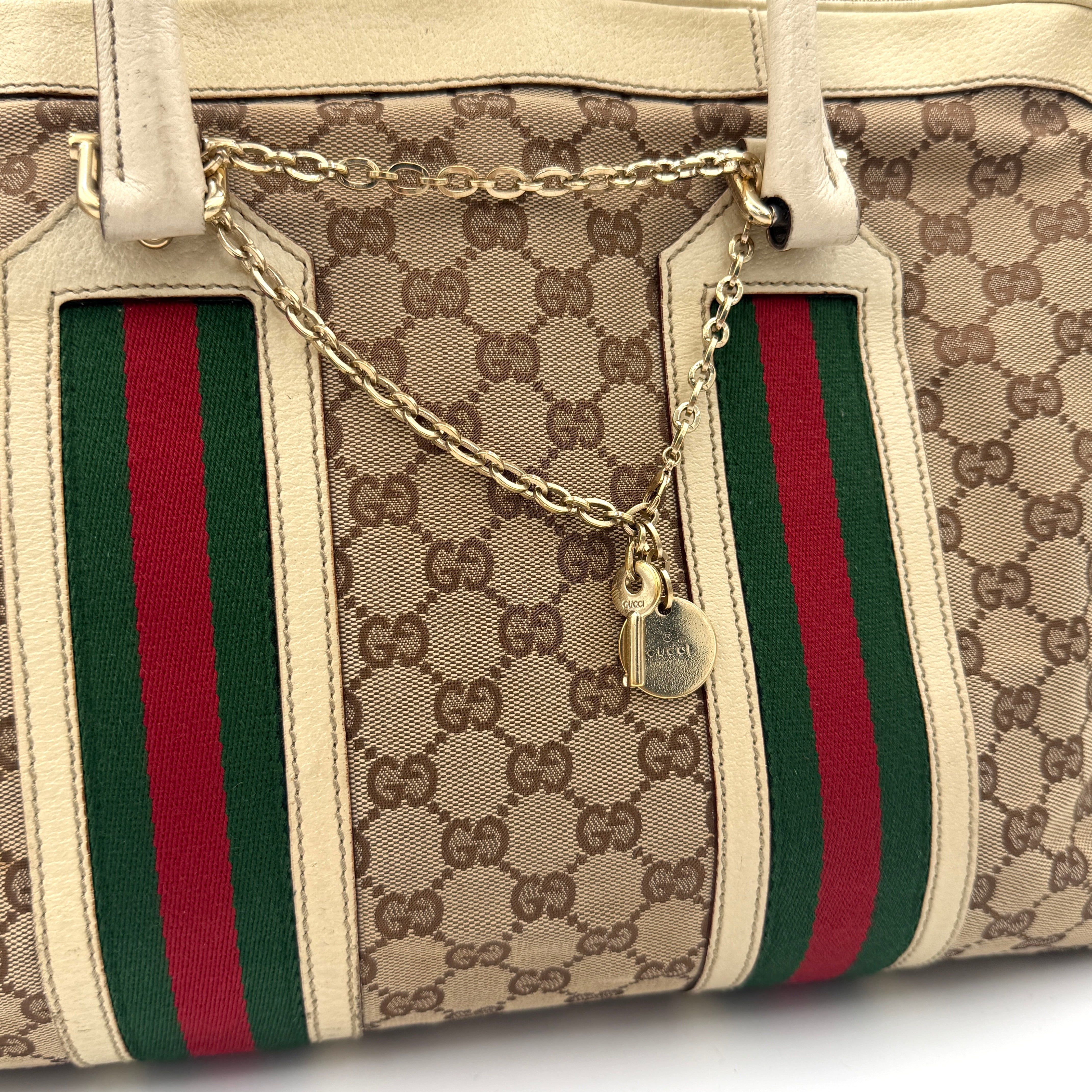 Gucci GG Monogram Stoffa Shoulder Bag in beige canvas with cream leather trim, iconic web stripes, and gold-tone chain detail.