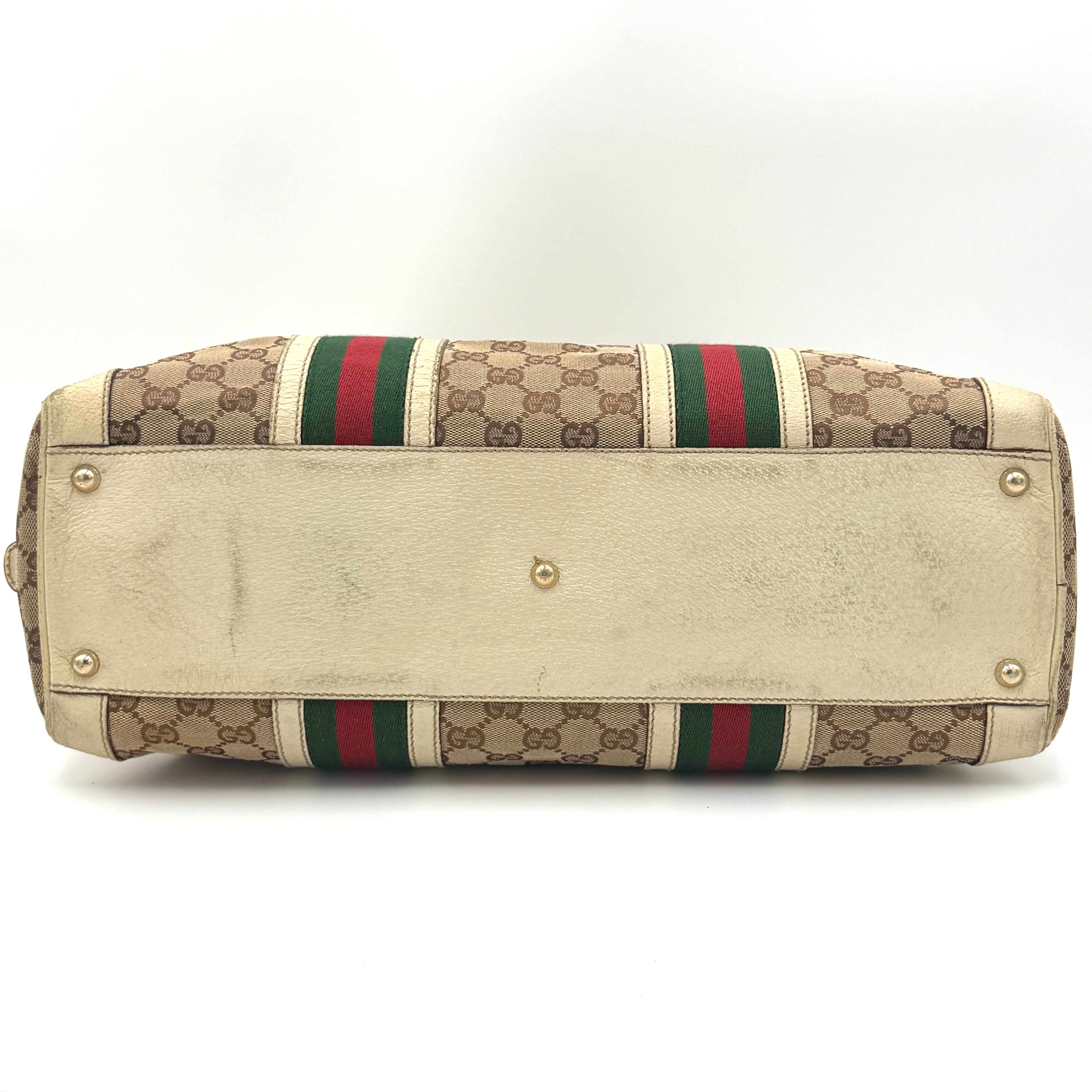 Gucci GG Monogram Stoffa Shoulder Bag in beige canvas with cream leather trim, iconic web stripes, and gold-tone chain detail.